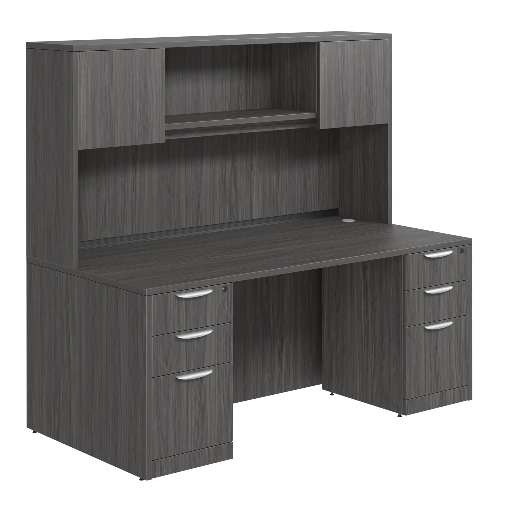 Desk 71in W x 24in D with Two 3 Drawer Pedestals and Wood Hutch with 2 Doors by PBD Furniture