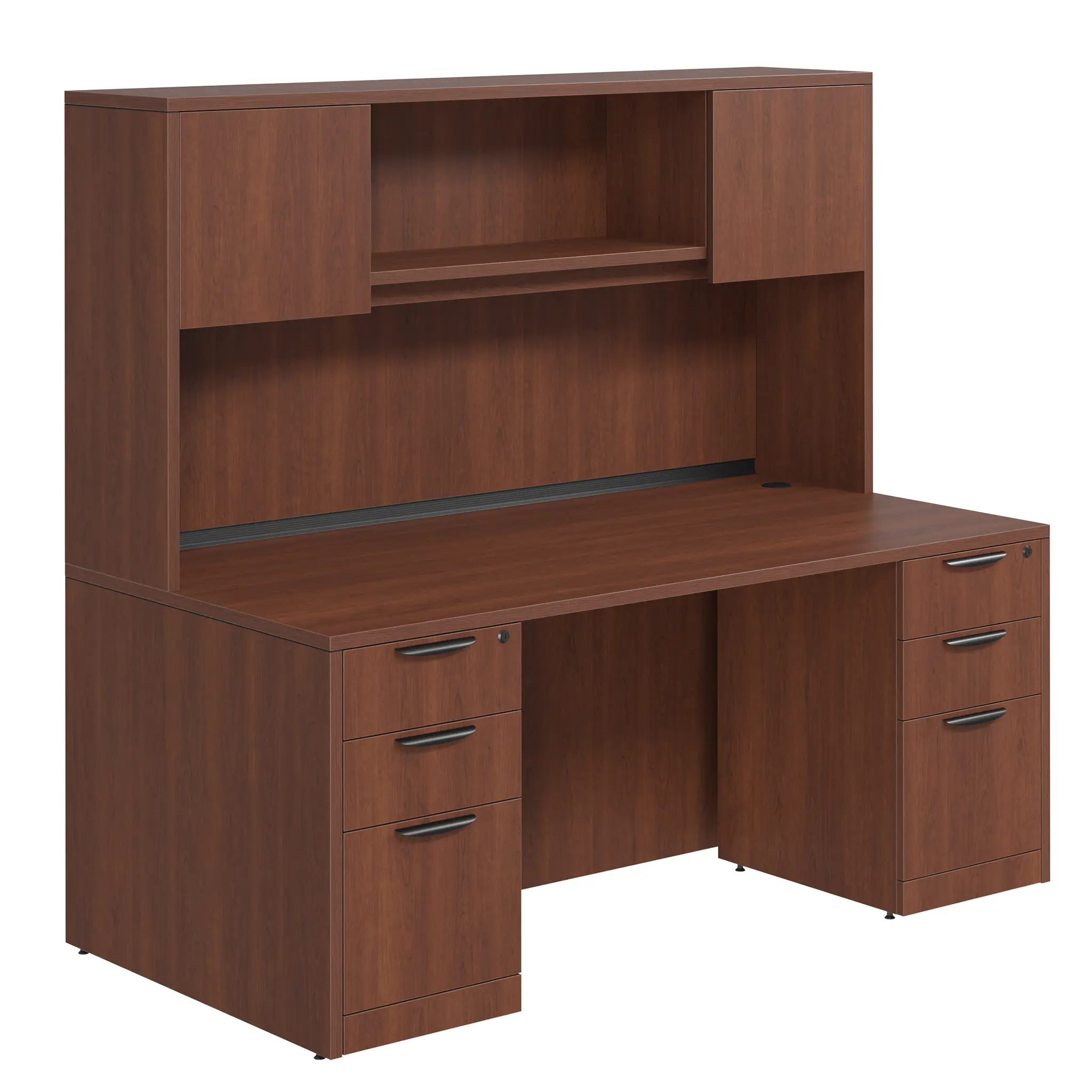 Desk 66in W x 24in D with Two 3 Drawer Pedestals and Wood Hutch with 2 Doors by PBD Furniture
