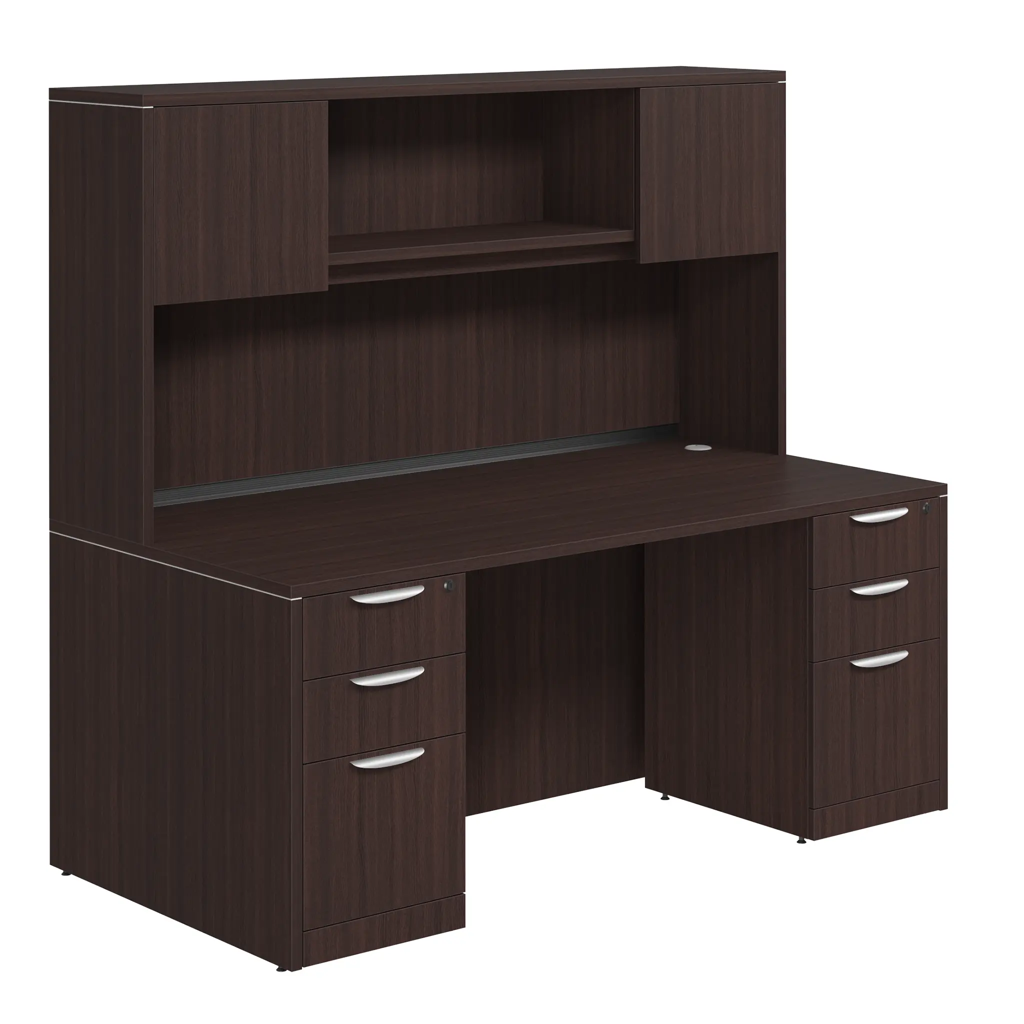Desk 60in W x 30in D with Two 3 Drawer Pedestals and Wood Hutch with 2 Doors by PBD Furniture