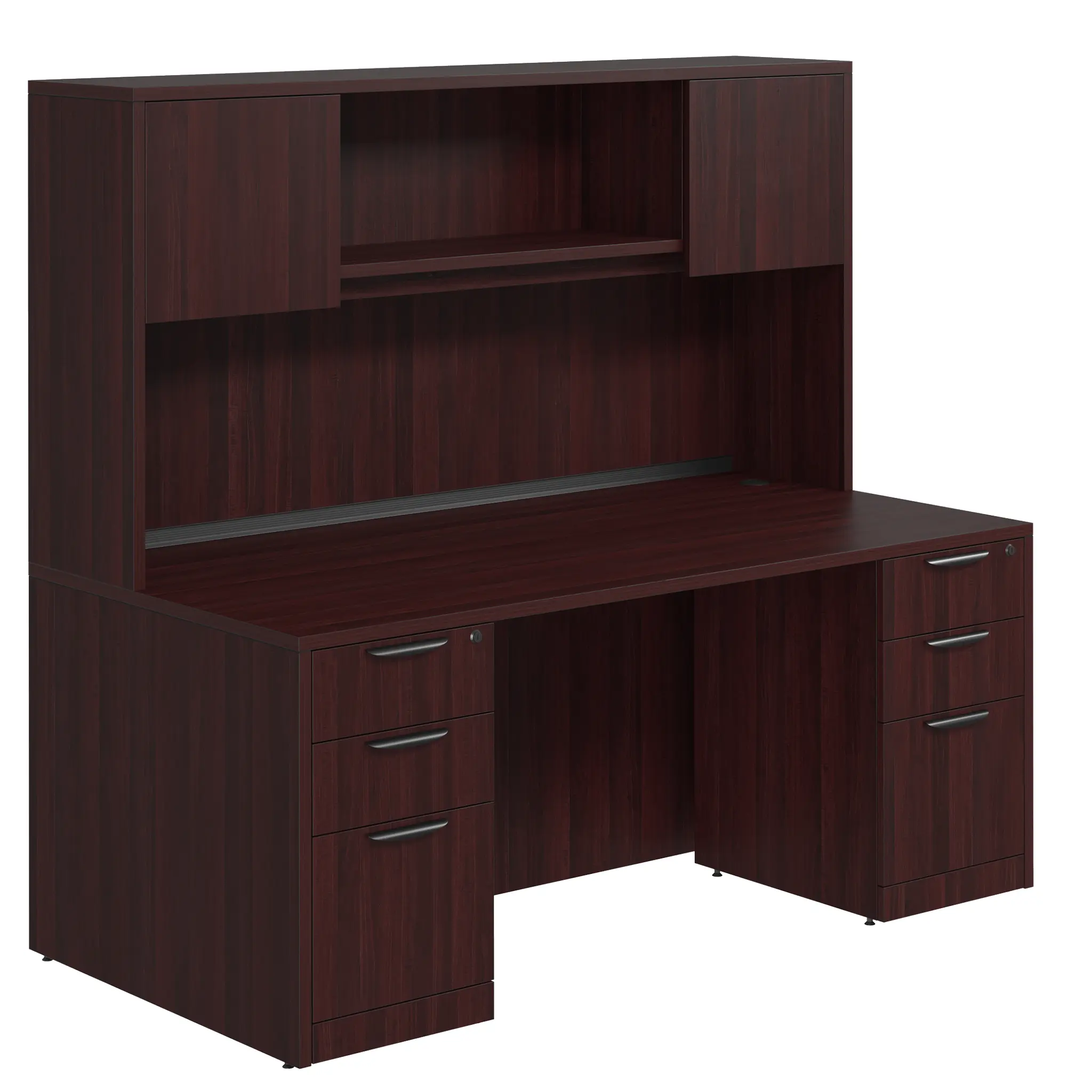 Desk 66in W x 30in D with Two 3 Drawer Pedestals and Wood Hutch with 2 Doors by PBD Furniture