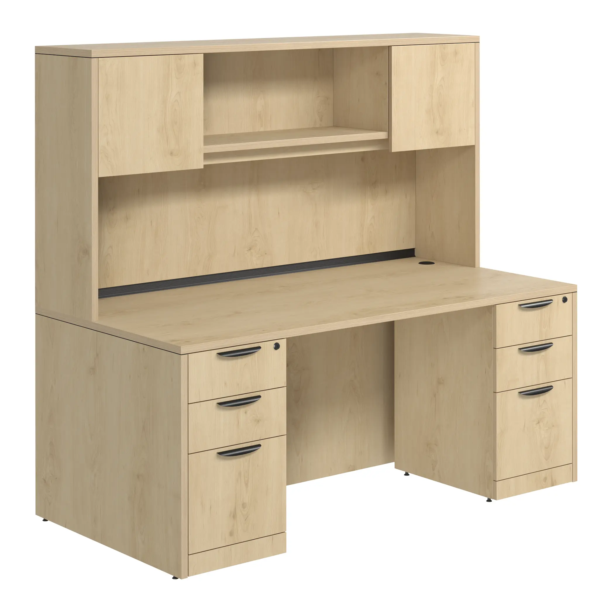 Desk 71in W x 30in D with Two 3 Drawer Pedestals and Wood Hutch with 2 Doors by PBD Furniture