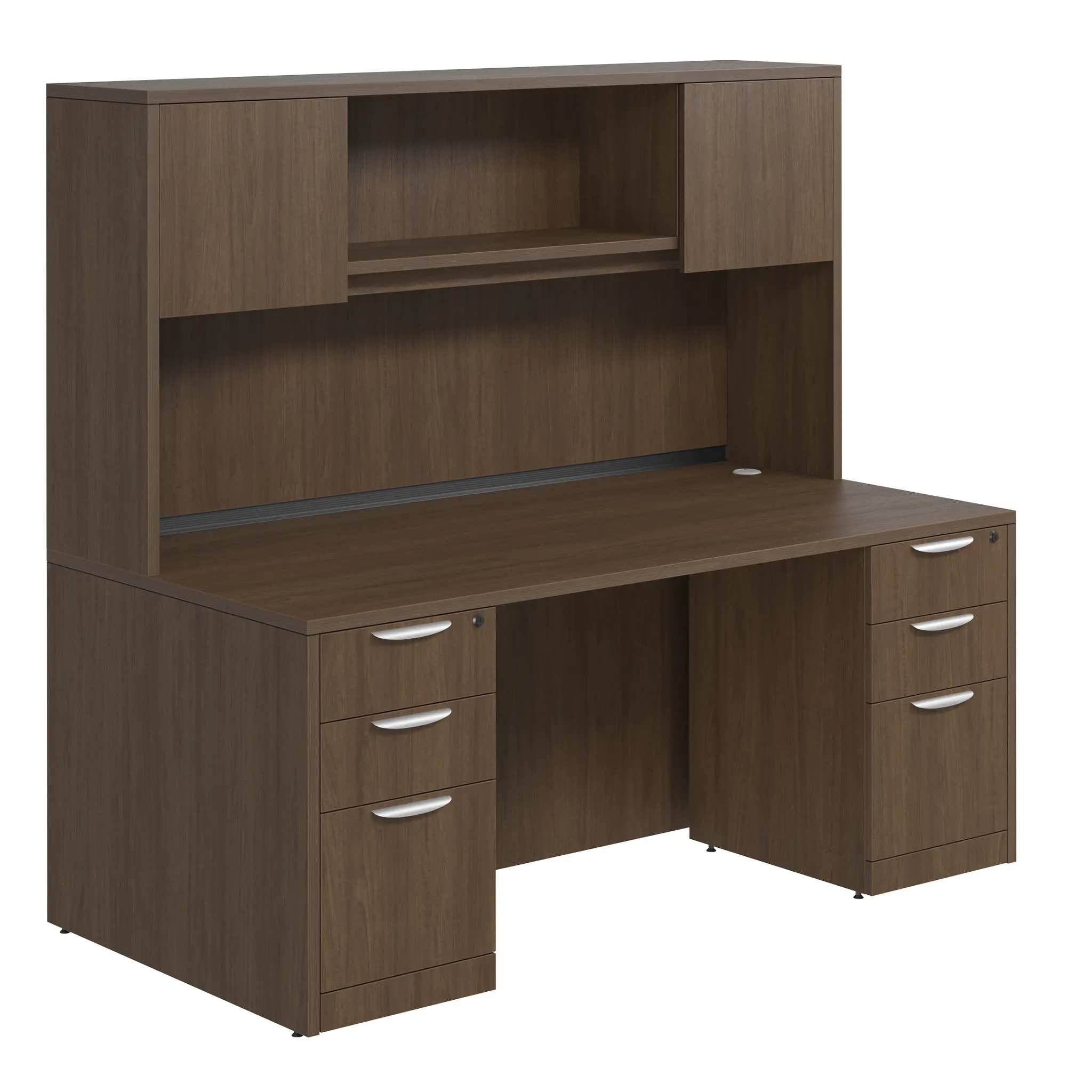 Desk 71in W x 36in D with Two 3 Drawer Pedestals and Wood Hutch with 2 Doors by PBD Furniture