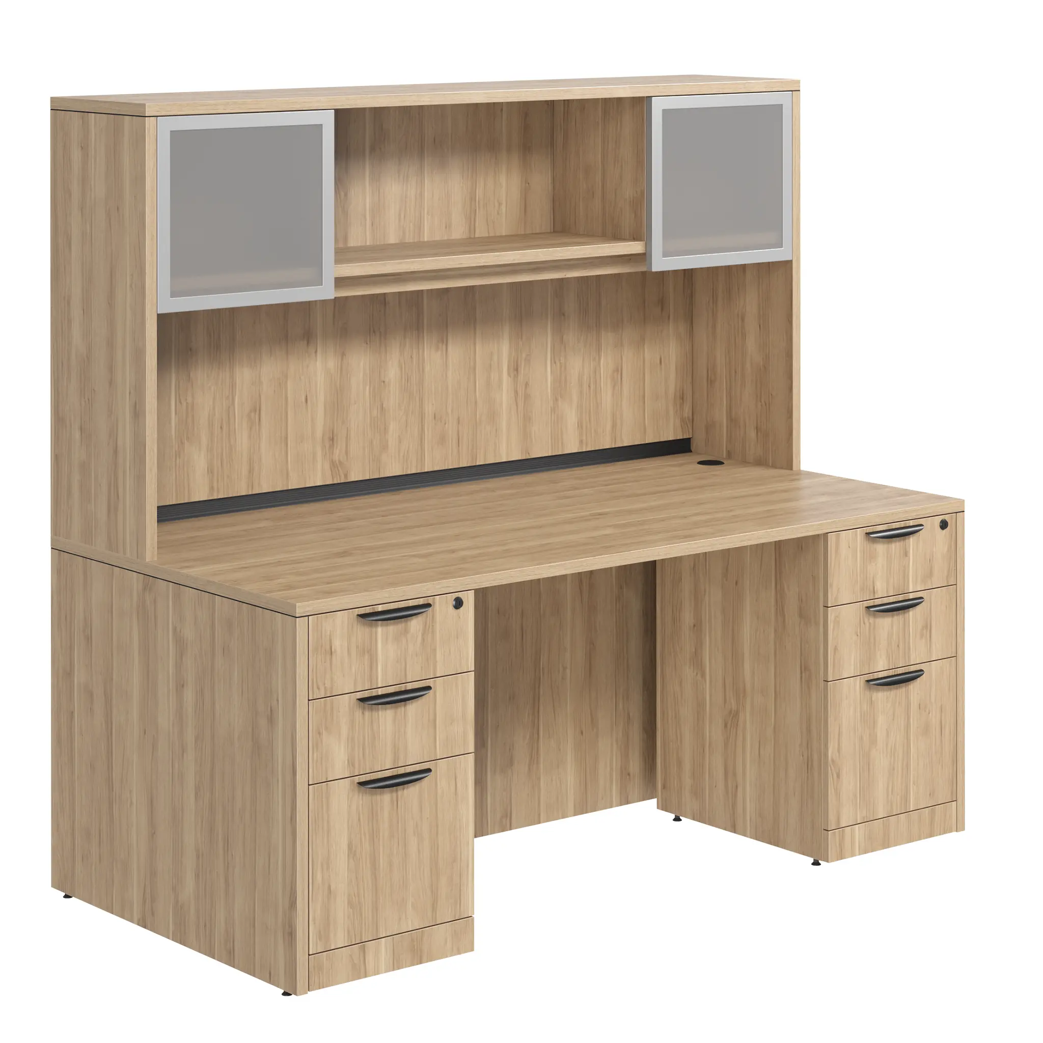 Desk 60in W x 30in D with Two 3 Drawer Pedestals and Hutch with 2 Glass Doors by PBD Furniture