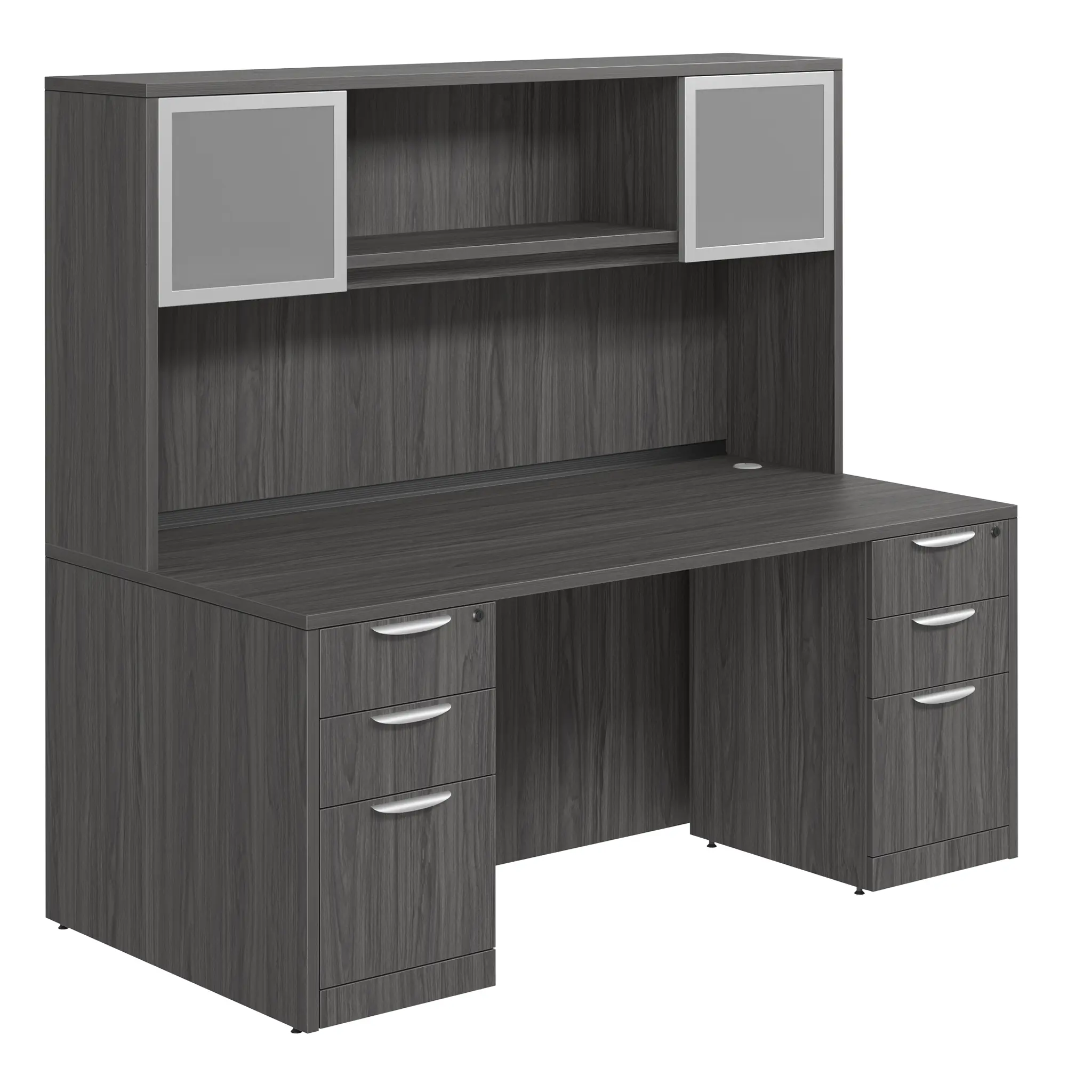 Desk 71in W x 30in D with Two 3 Drawer Pedestals and Hutch with 2 Glass Doors by PBD Furniture