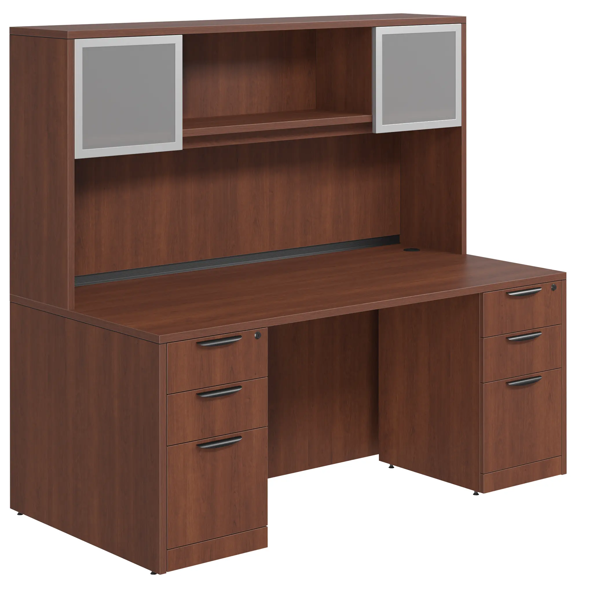 Desk 66in W x 30in D with Two 3 Drawer Pedestals and Hutch with 2 Glass Doors by PBD Furniture
