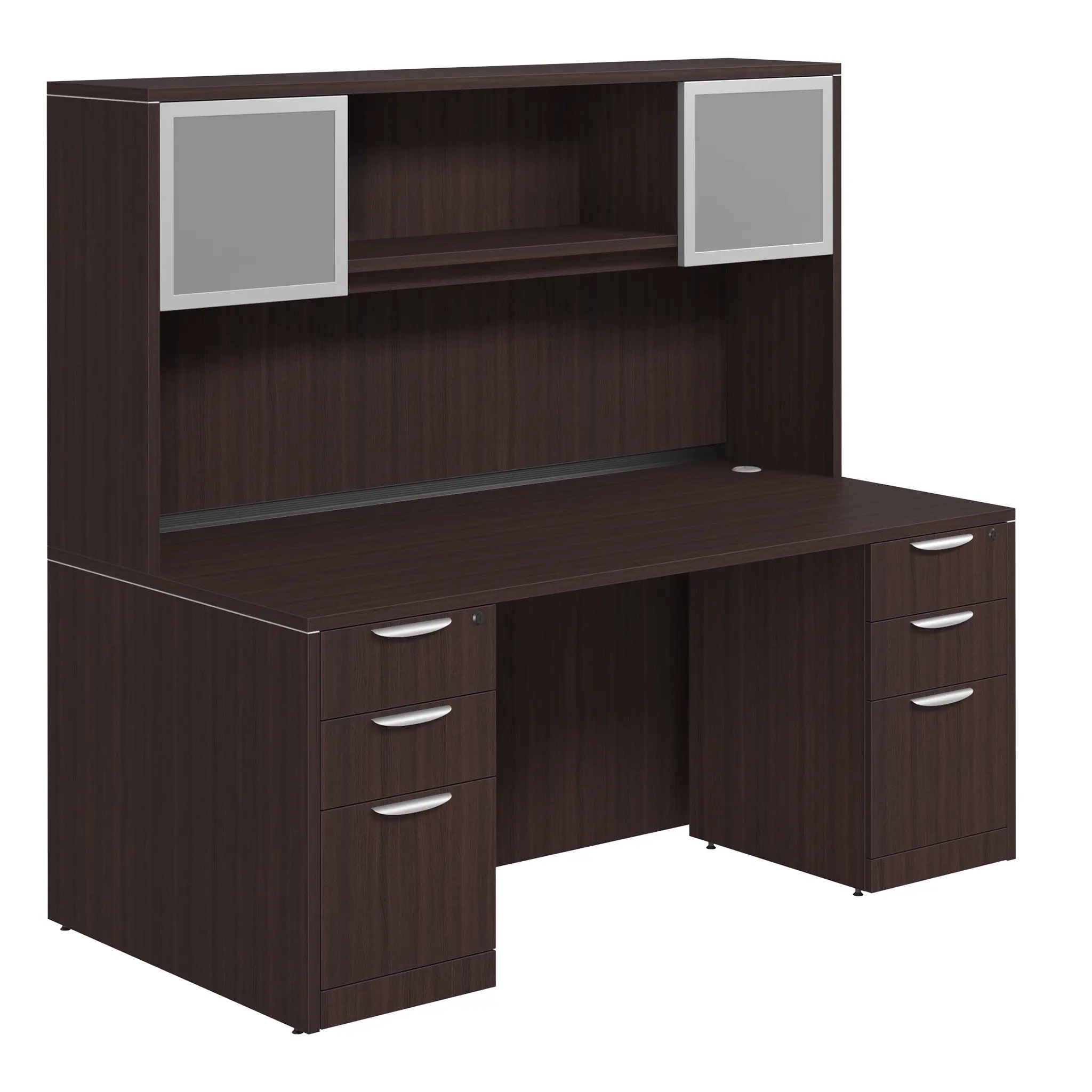Desk 71in W x 36in D with Two 3 Drawer Pedestals and Hutch with 2 Glass Doors by PBD Furniture