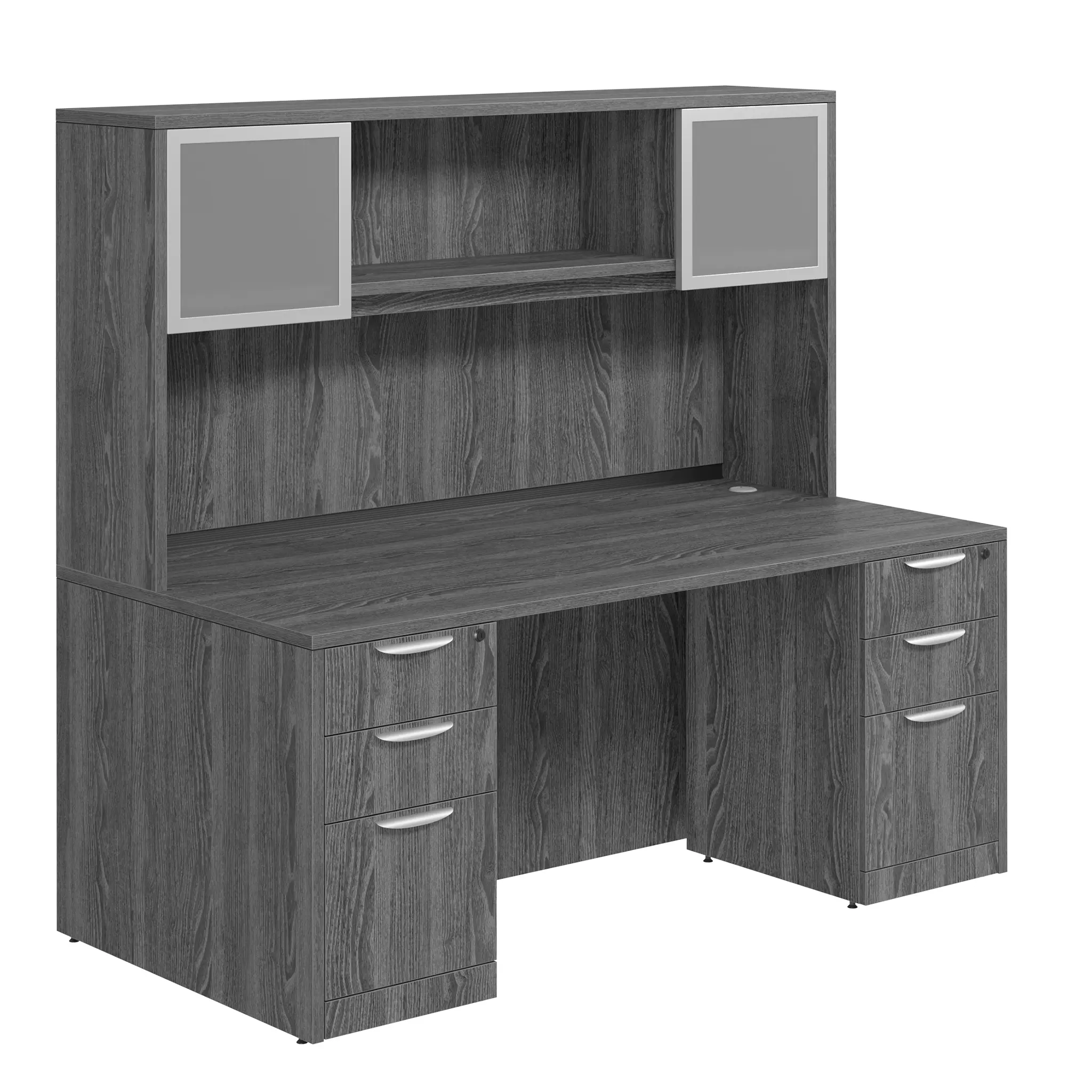 Desk 60in W x 24in D with Two 3 Drawer Pedestals and Hutch with 2 Glass Doors by PBD Furniture