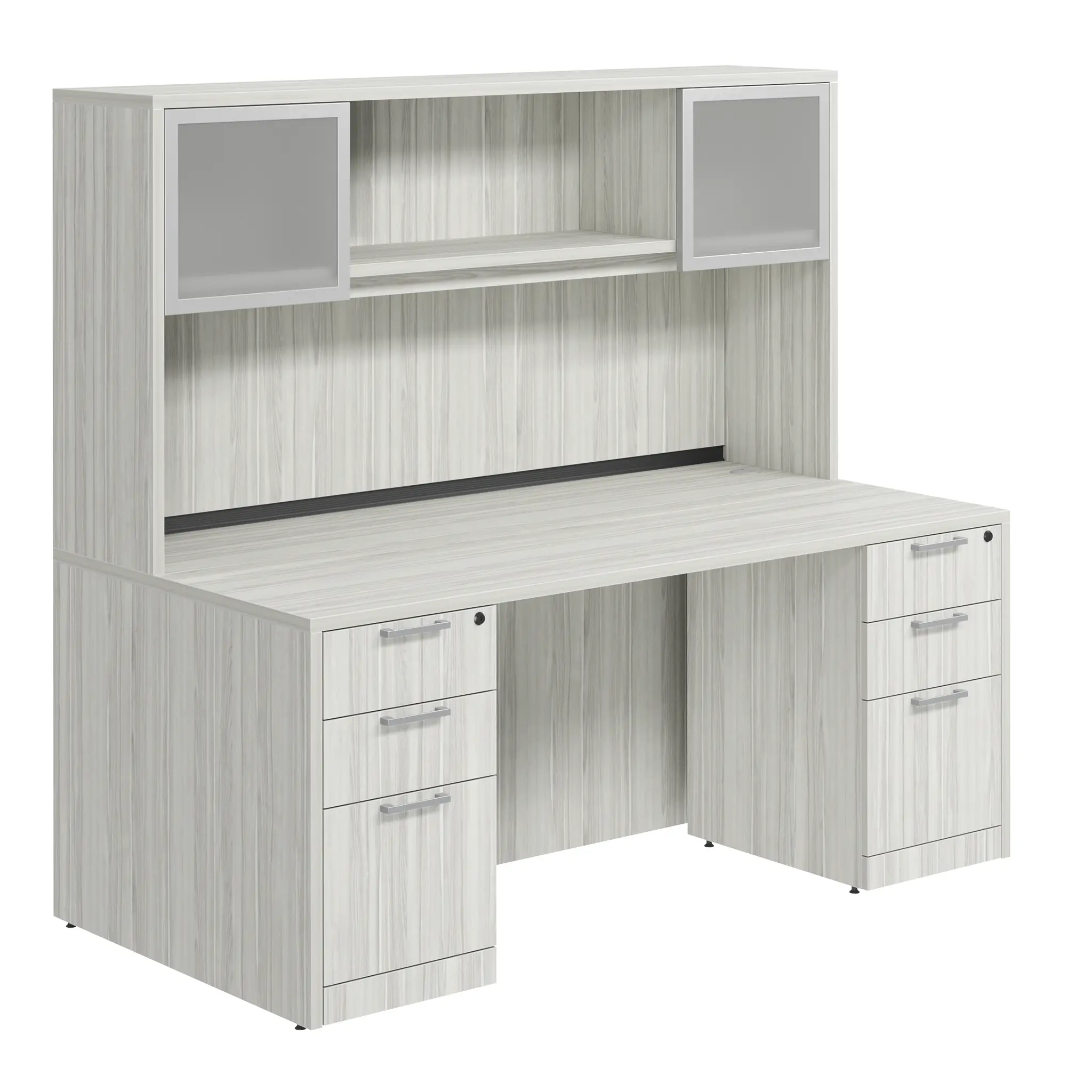 Desk 66in W x 24in D with Two 3 Drawer Pedestals and Hutch with 2 Glass Doors by PBD Furniture