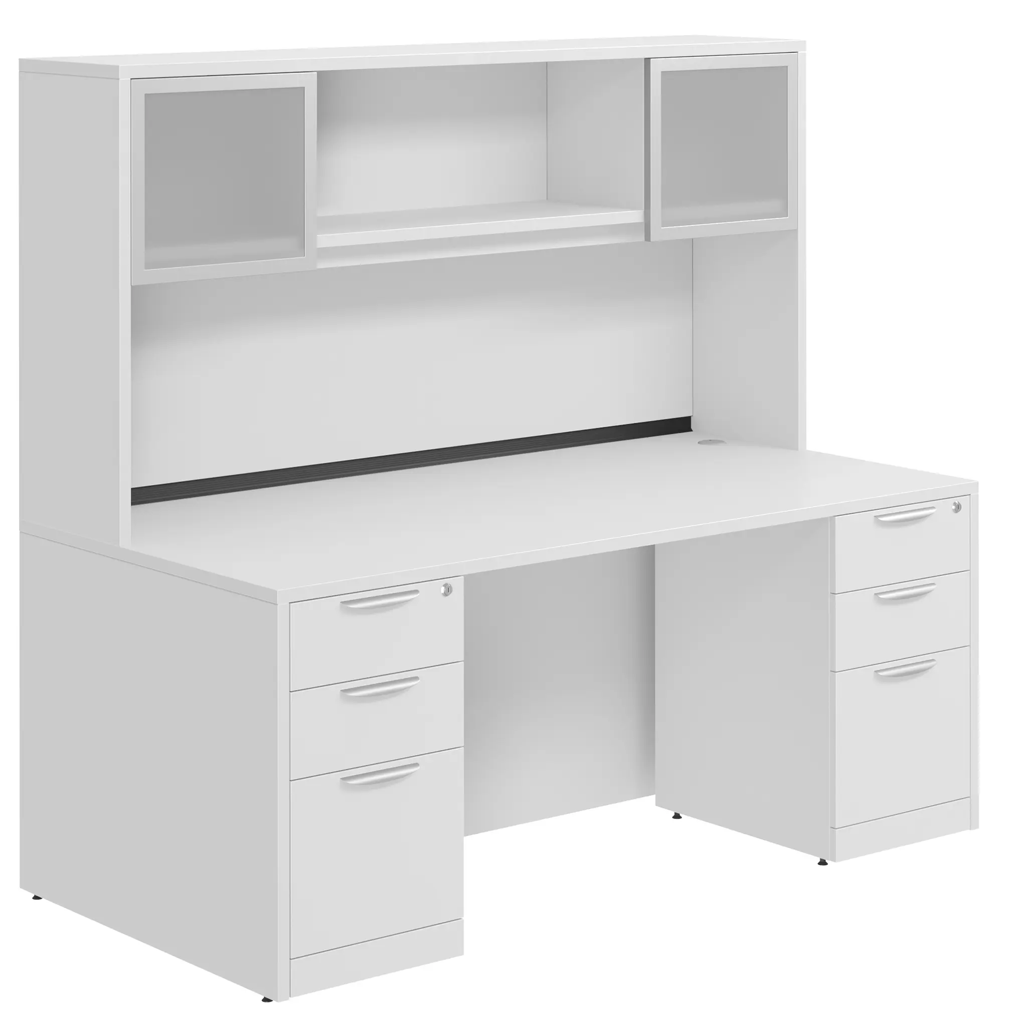 Desk 71in W x 24in D with Two 3 Drawer Pedestals and Hutch with 2 Glass Doors by PBD Furniture