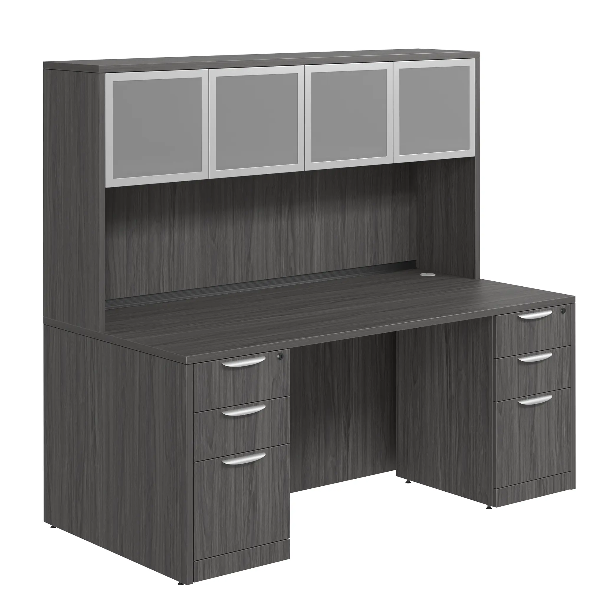 Desk 66in W x 24in D with Two 3 Drawer Pedestals and Hutch with 4 Glass Doors by PBD Furniture