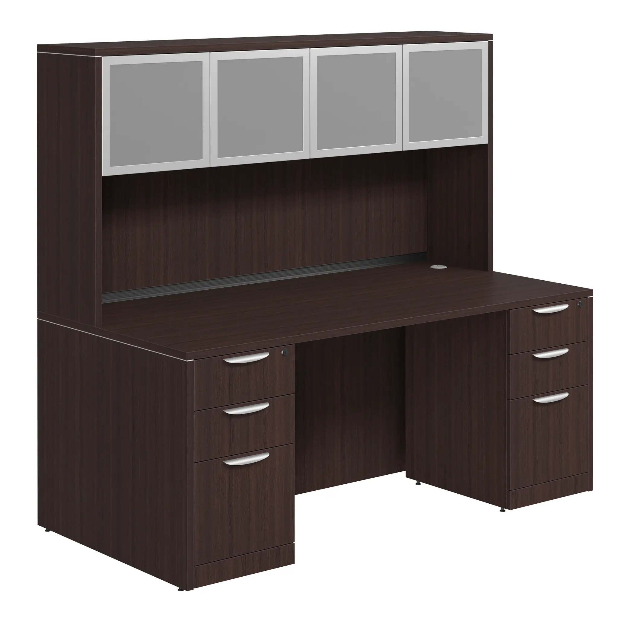 Desk 71in W x 24in D with Two 3 Drawer Pedestals and Hutch with 4 Glass Doors by PBD Furniture