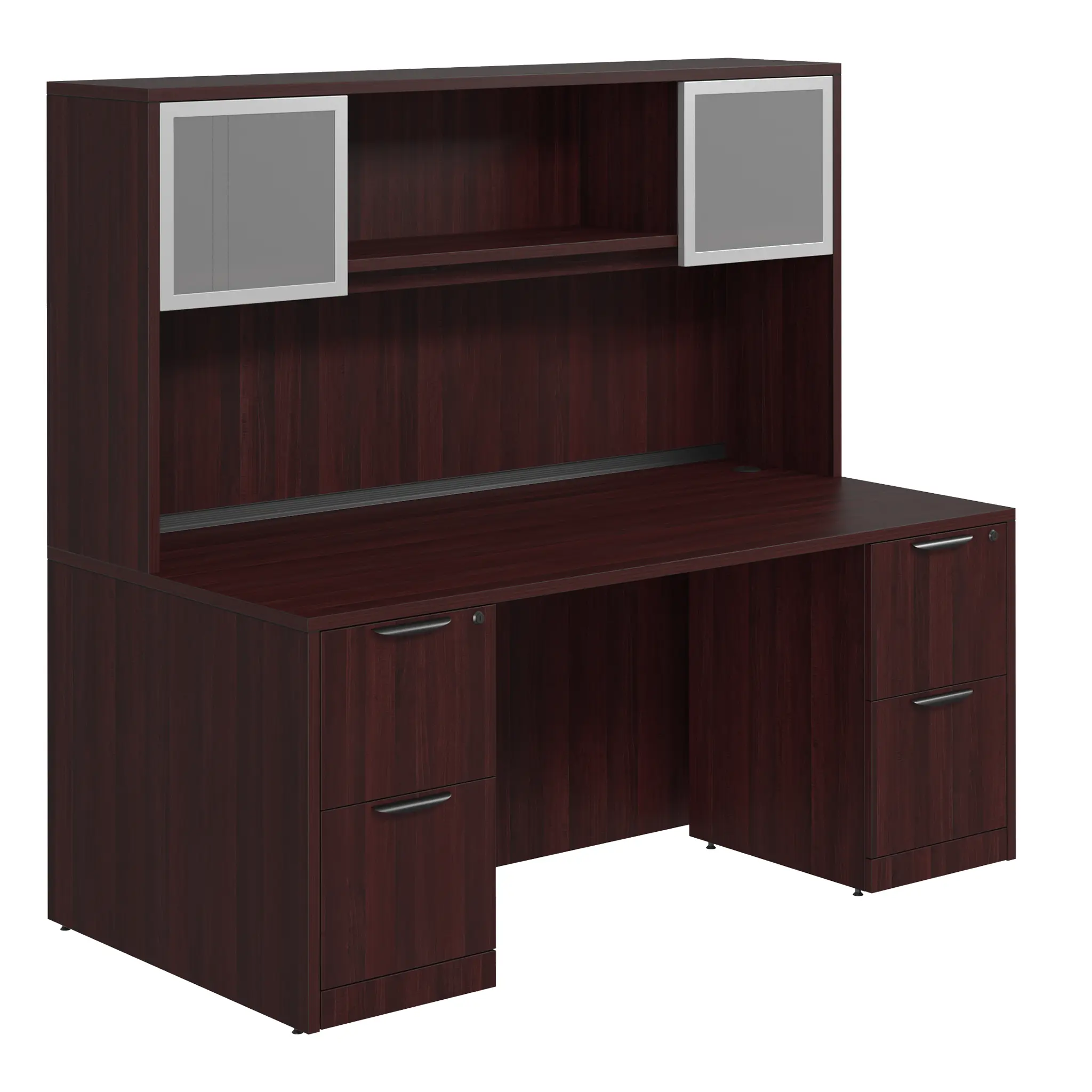 Desk 60in W x 30in D with Two 2 Drawer Pedestals and Hutch with 2 Glass Doors by PBD Furniture