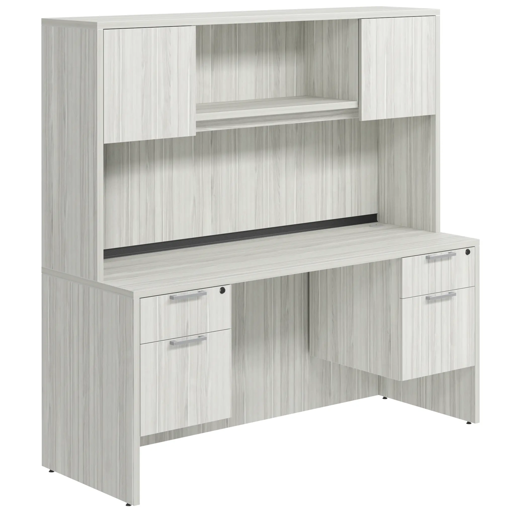 Desk 66in W x 30in D with Double Hanging Pedestals and Wood Hutch with 2 Doors by PBD Furniture
