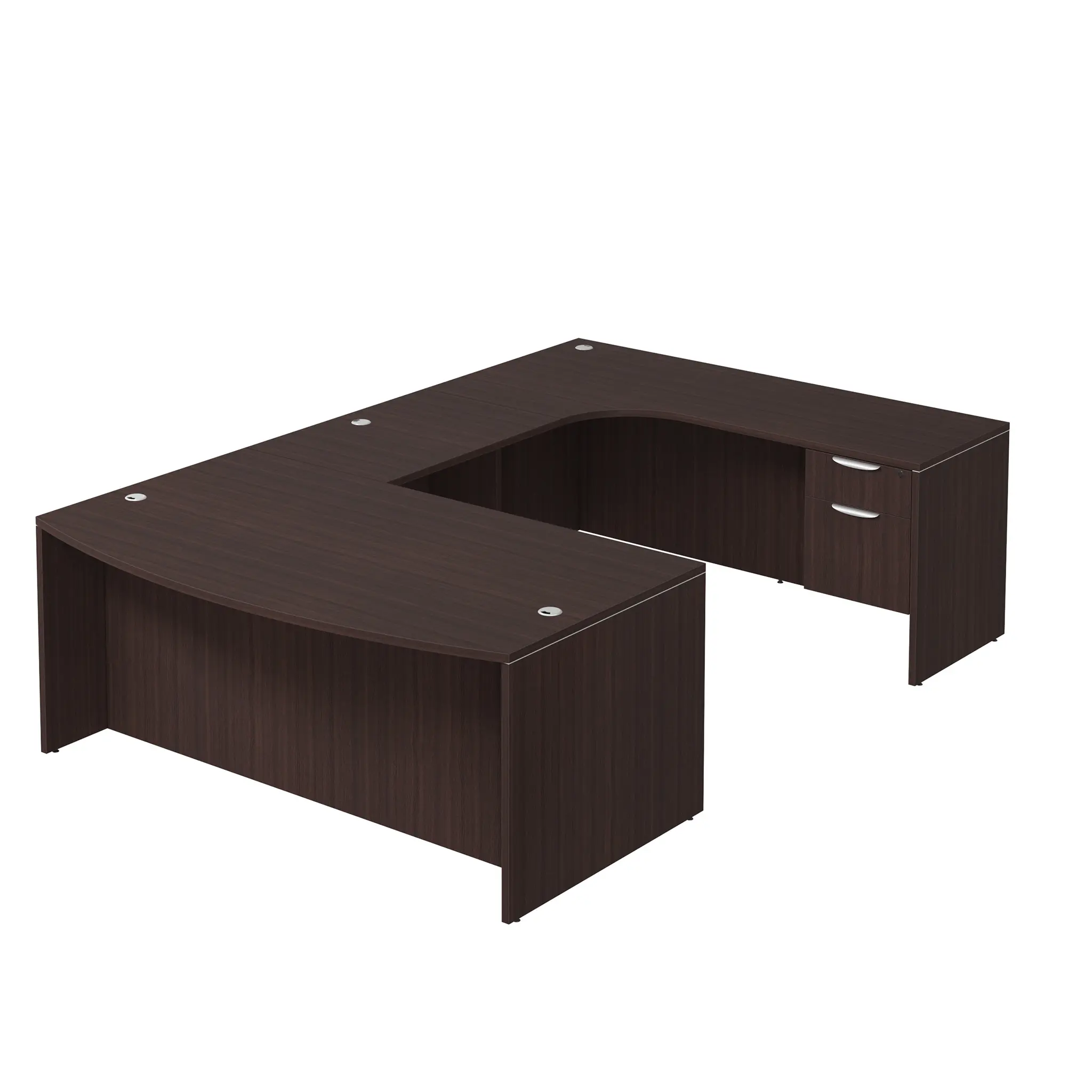 Bow-Front U-Desk 71in W x 113in D with Hanging 2 Drawer Pedestal by PBD Furniture