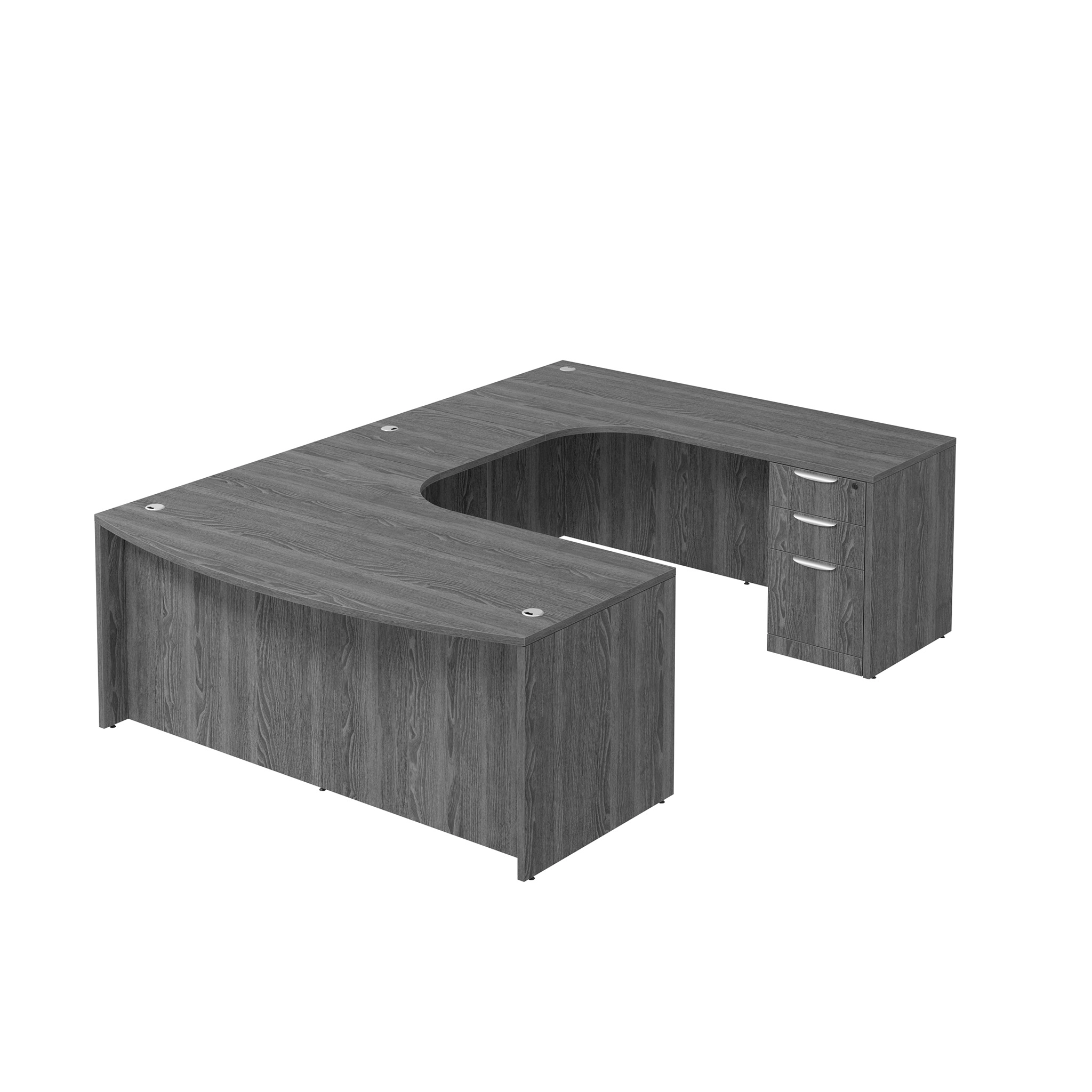 Bow-Front U-Desk 71in W x 132in D with Extended Credenza and 2 and 3 Drawer Pedestals by PBD Furniture