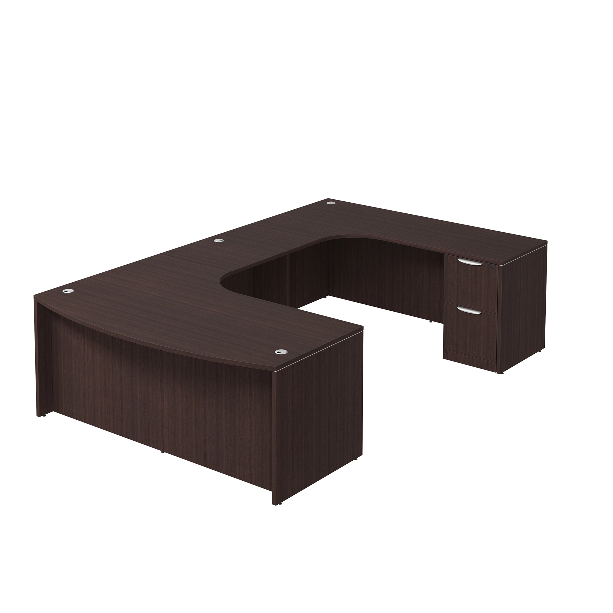 Bow-Front U-Desk 71in W x 132in D with 2 Drawer Pedestal and Extended Back Credenza by PBD Furniture
