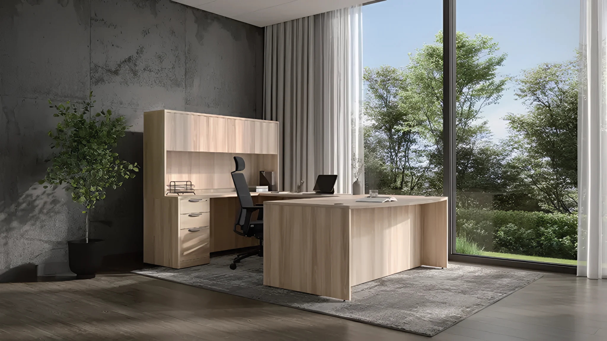 Bow-Front U-Desk 72in W x 107in D with Hutch and 2 and 3 Drawer Pedestals by PBD Furniture