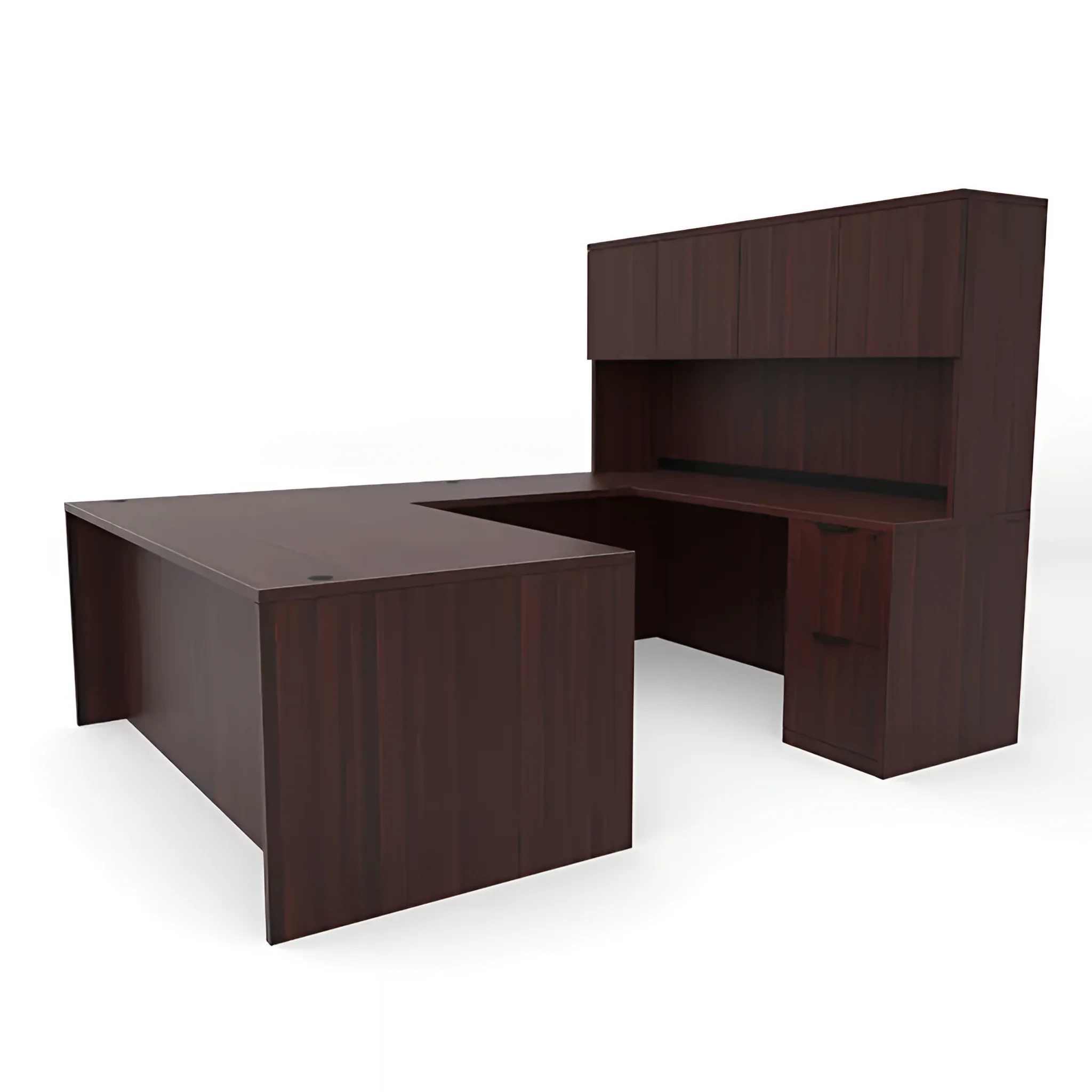 U-Desk 72in W x 96in D 2 and 3 Drawer Pedestals and Hutch with 4 Doors by PBD Furniture