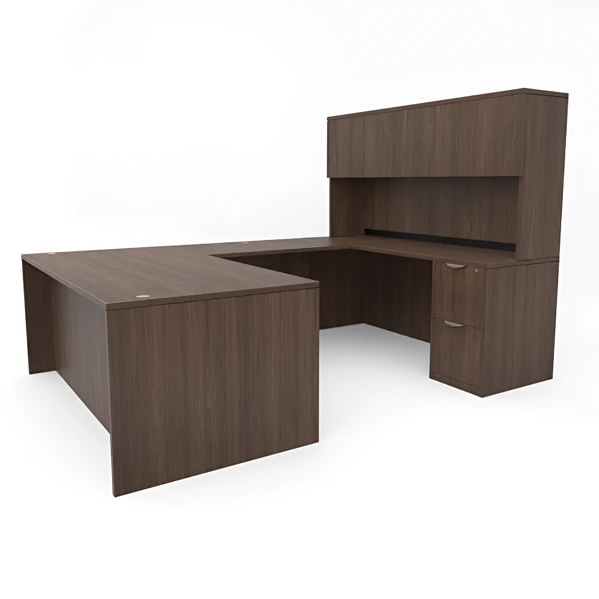 U-Desk 72in W x 102in D with 2 and 3 Drawer Pedestals and Hutch with 4 Doors by PBD Furniture