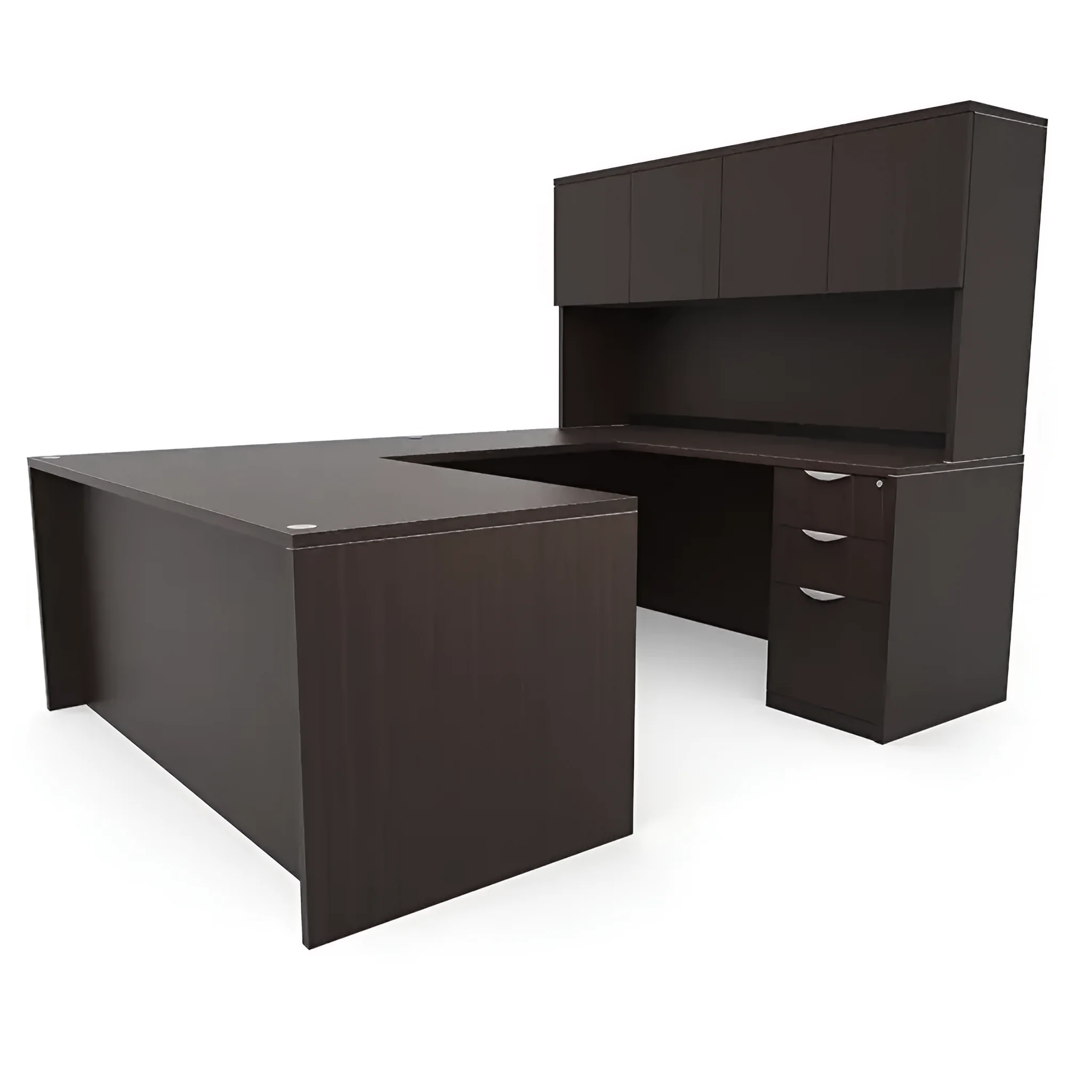 U-Desk 72in W x 89in D with 2 and 3 Drawer Pedestals and Hutch with 4 Doors by PBD Furniture