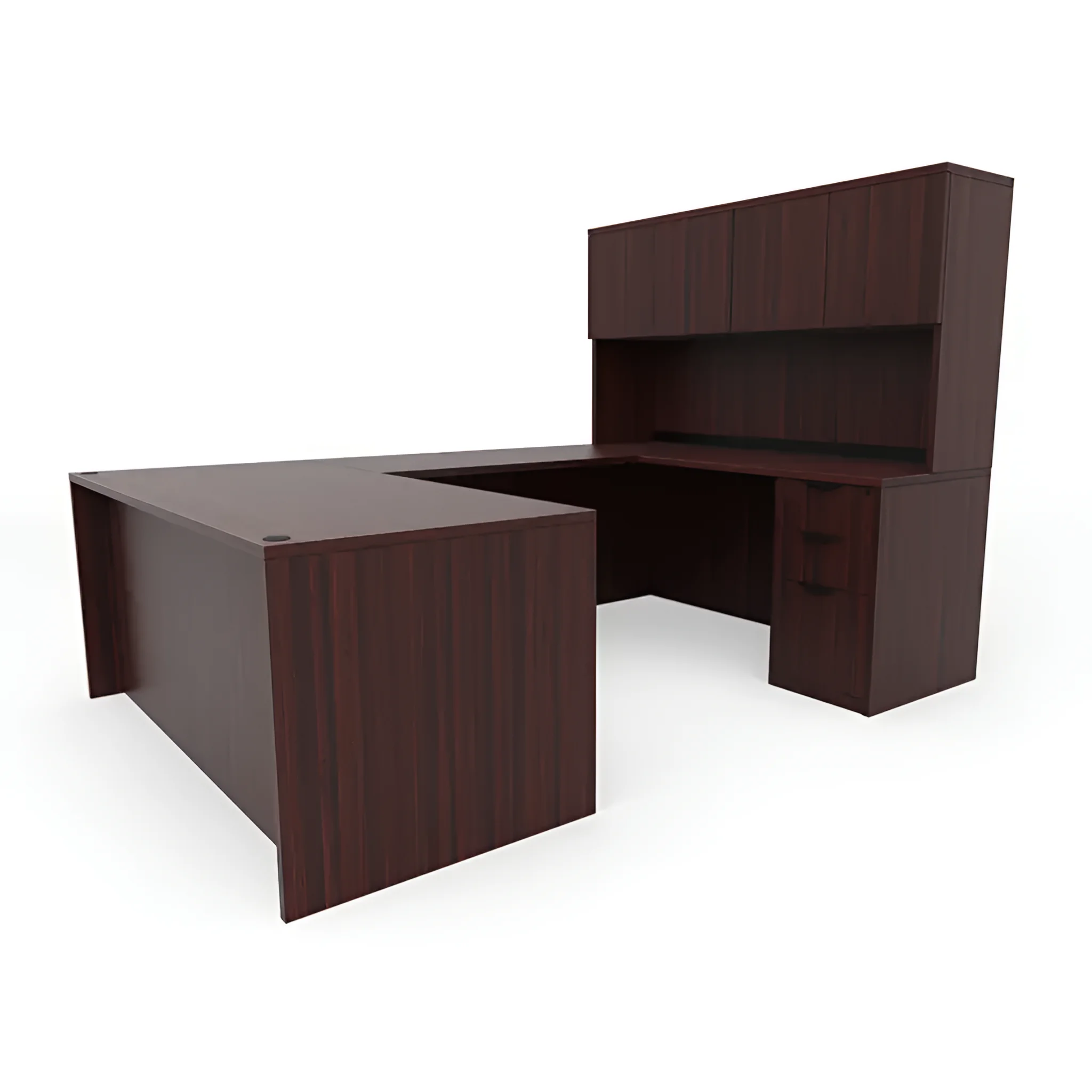 U-Desk 60in W x 96in D with 2 and 3 Drawer Pedestals and Hutch with 4 Doors by PBD Furniture