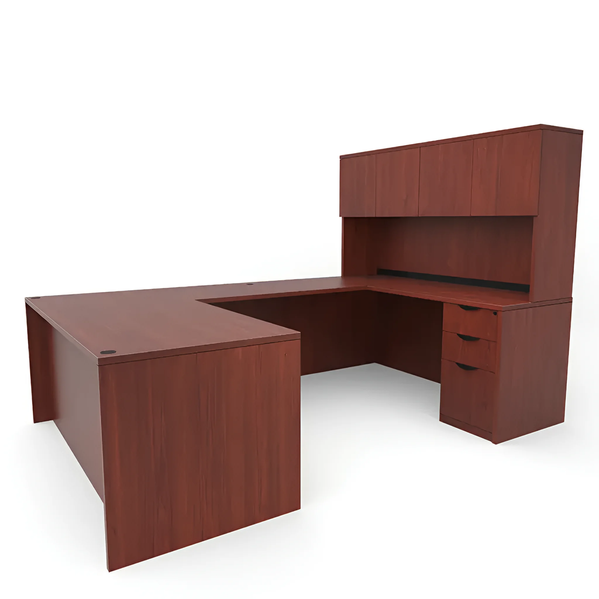 U-Desk 66in W x 101in D with 2 and 3 Drawer Pedestals and Hutch with 4 Doors by PBD Furniture