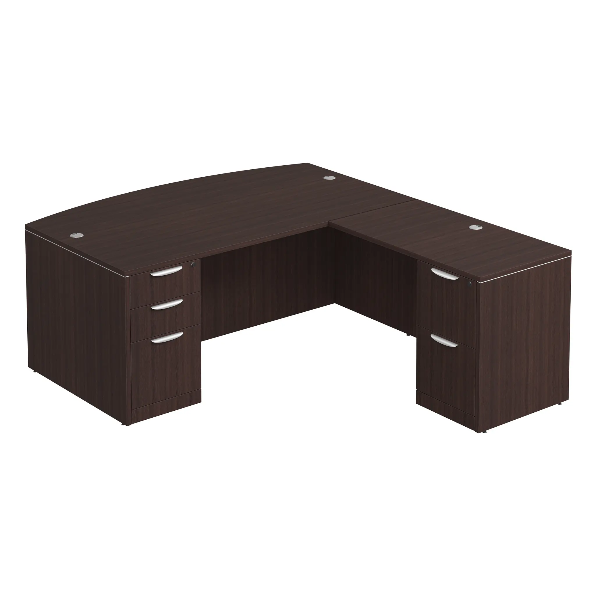Bow-Front L-Desk 66in W x 83in D with 2 and 3 Drawer Pedestals by PBD Furniture