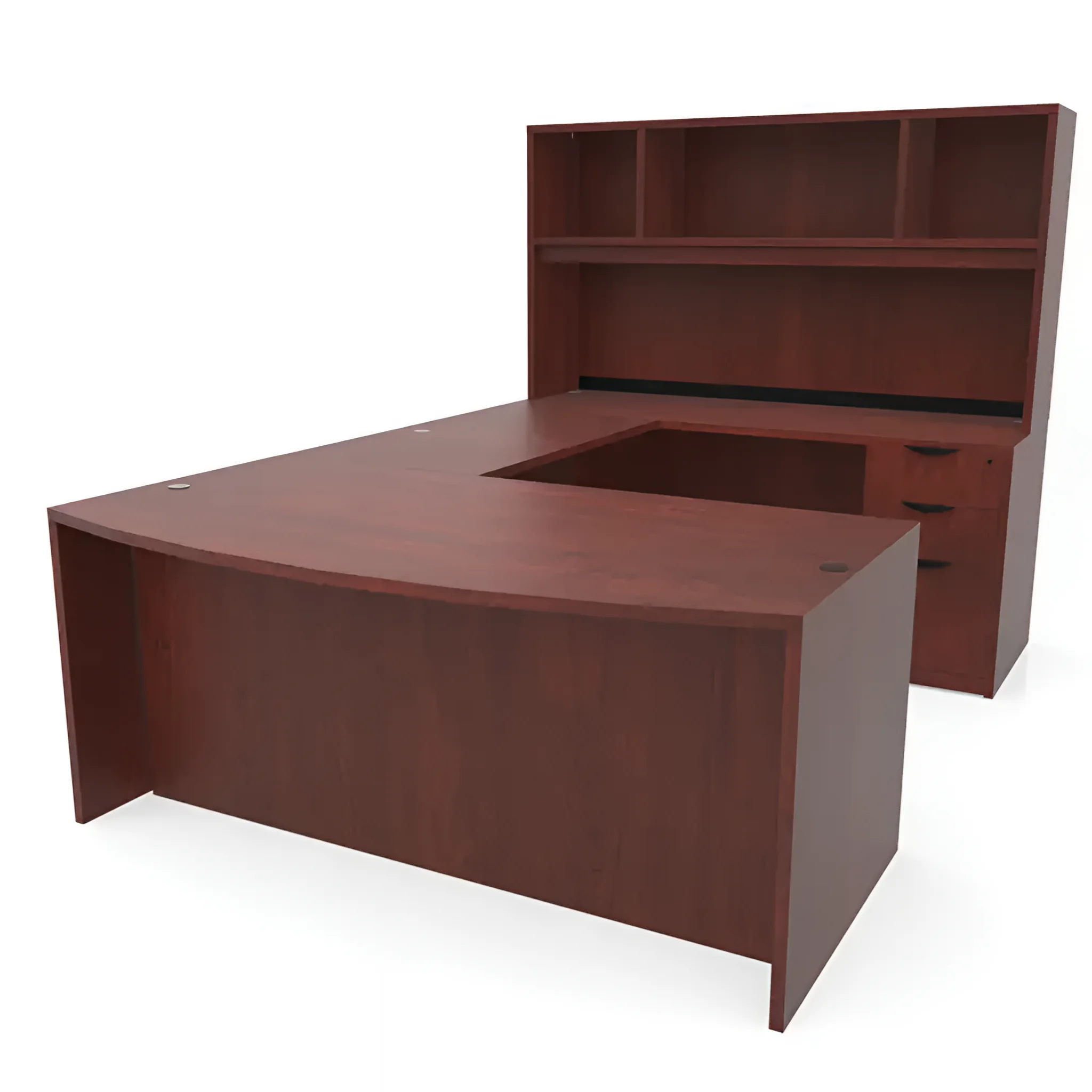 Bow-Front U-Desk 66in W x 102in D with 2 and 3 Drawer Pedestals and Open Hutch by PBD Furniture