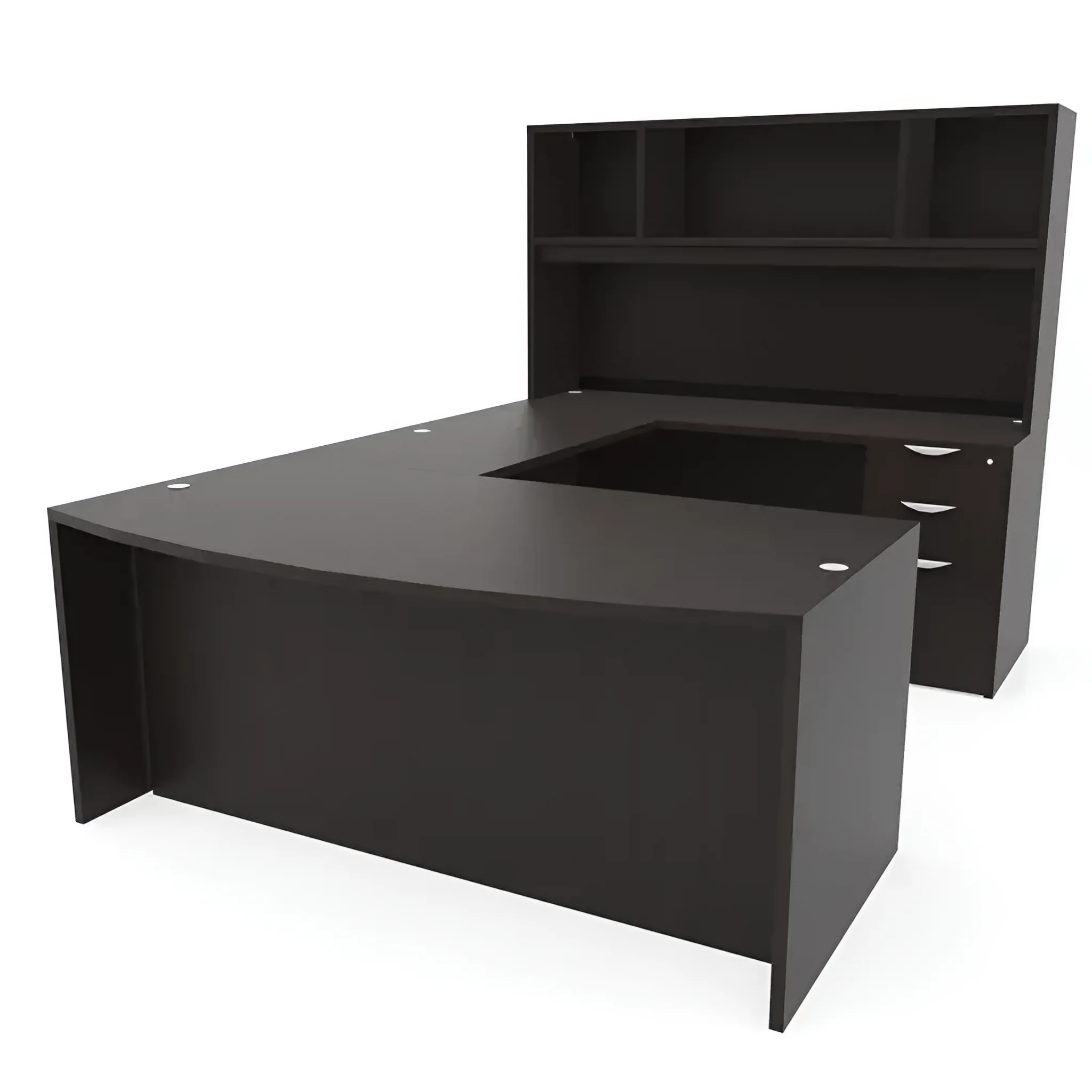Bow-Front U-Desk 66in W x 107in D with 2 and 3 Drawer Pedestals and Open Hutch by PBD Furniture