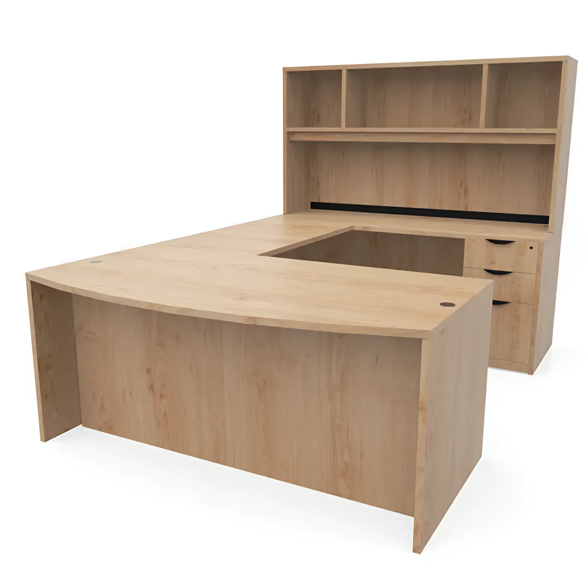 Bow-Front U-Desk 72in W x 107in D with 2 and 3 Drawer Pedestals and Open Hutch by PBD Furniture