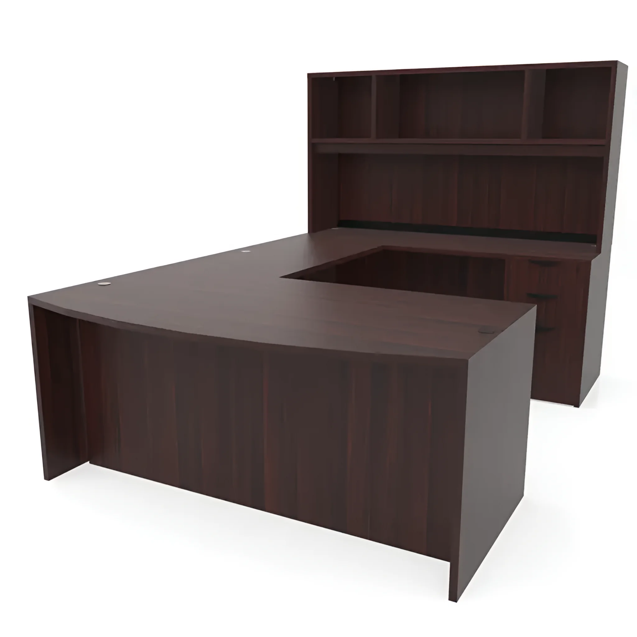 Bow-Front U-Desk 72in W x 112in D with 2 and 3 Drawer Pedestals and Open Hutch by PBD Furniture