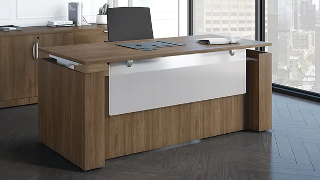 Sit Stand Desk 72in x 30in Full Casing with Acrylic Modesty by PBD Furniture in Modern Walnut