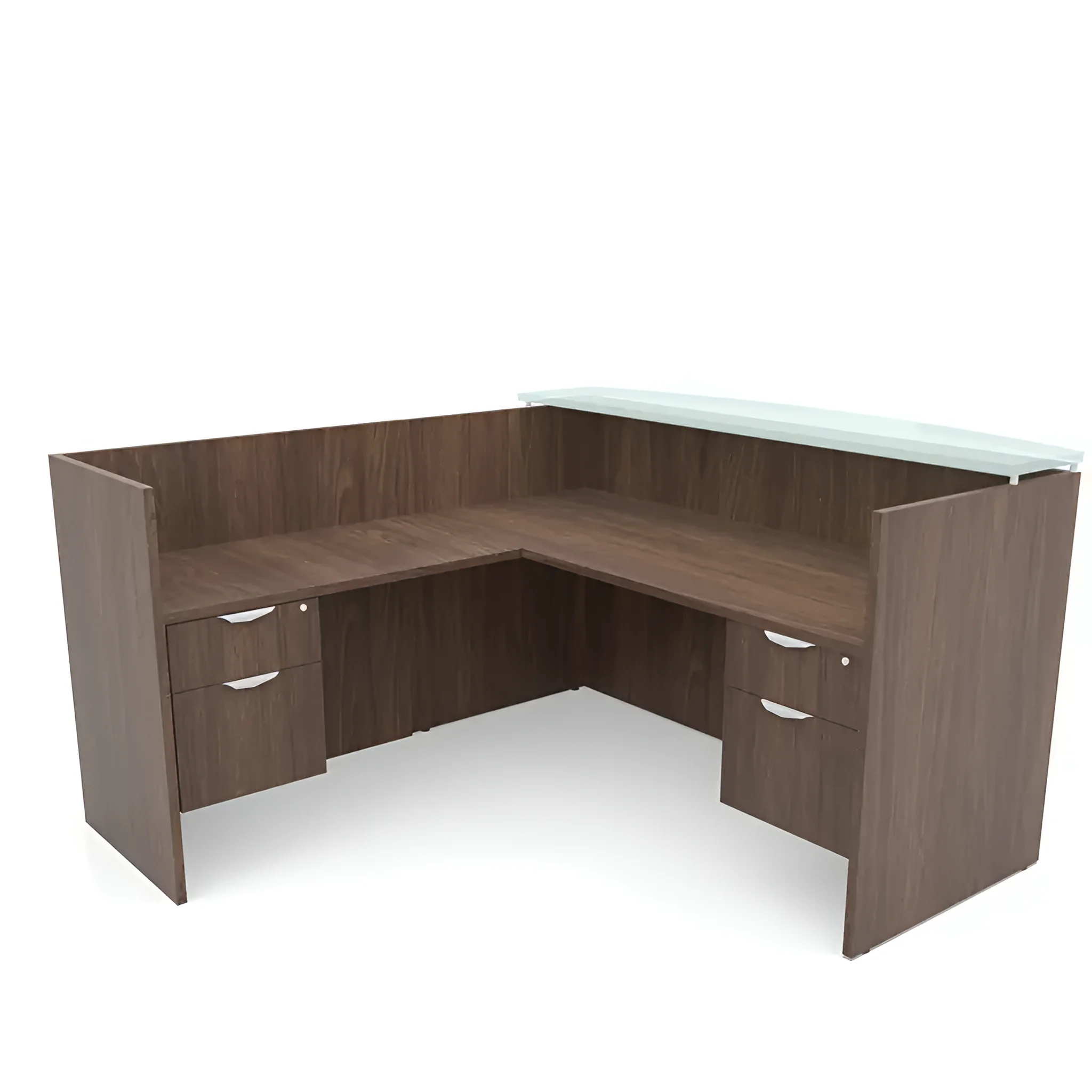 72in x 72in L-Shaped Reception Desk Double Hanging Pedestal with Glass Transaction Counter by PBD Furniture in Modern Walnut