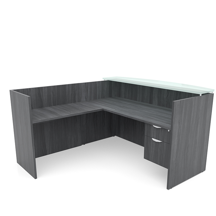 72in x 72in L-Shaped Reception Desk Single Hanging Pedestal with Glass Transaction Counter by PBD Furniture
