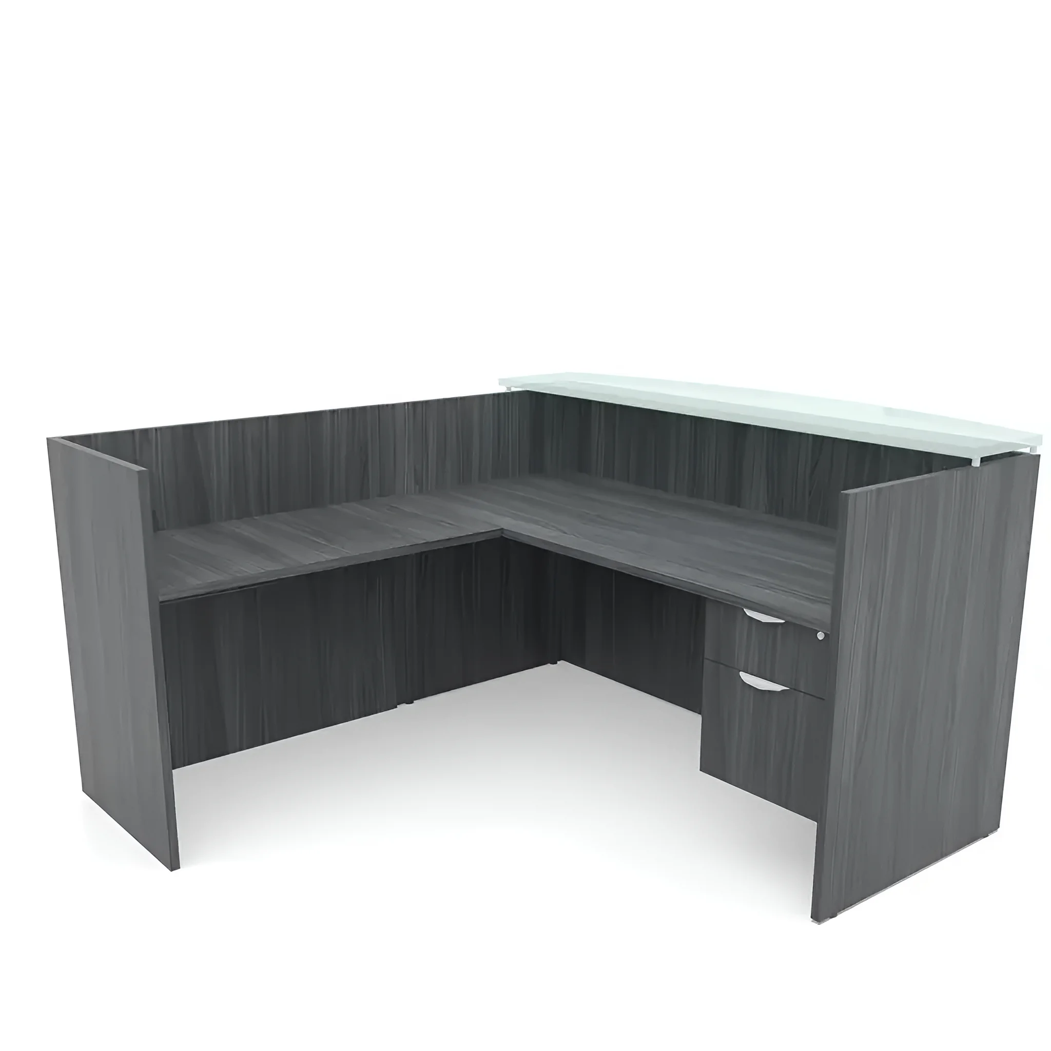 72in x 72in L-Shaped Reception Desk Single Hanging Pedestal with Glass Transaction Counter by PBD Furniture in Coastal Gray