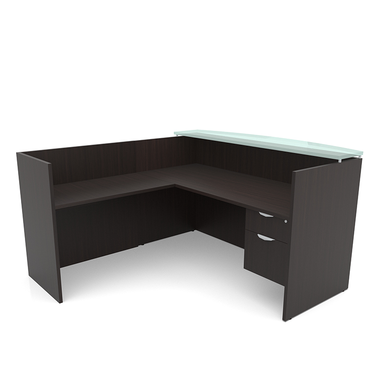 72in x 72in L-Shaped Reception Desk Single Hanging Pedestal with Glass Transaction Counter by PBD Furniture