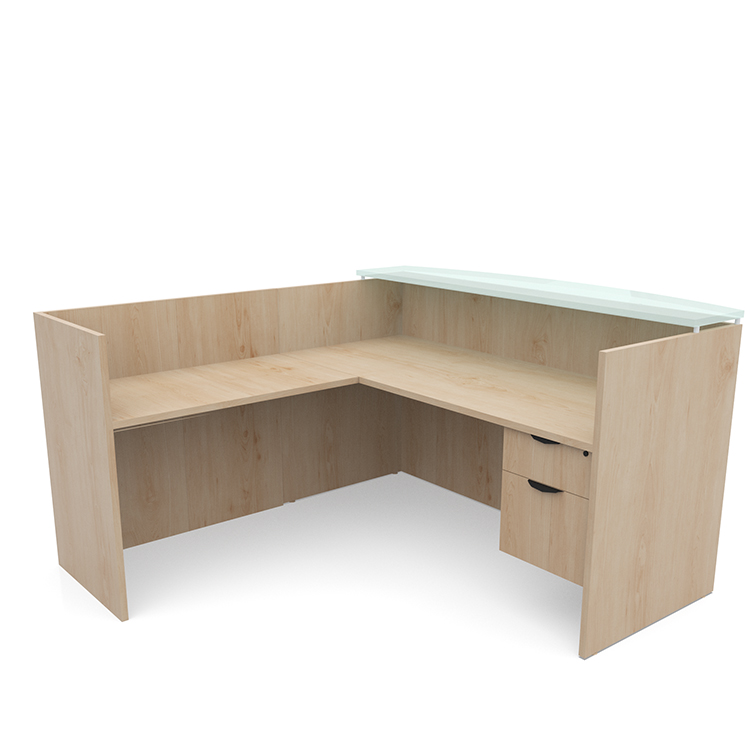 72in x 72in L-Shaped Reception Desk Single Hanging Pedestal with Glass Transaction Counter by PBD Furniture