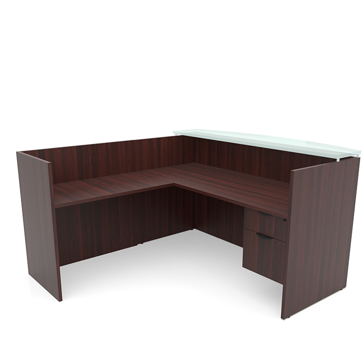72in x 72in L-Shaped Reception Desk Single Hanging Pedestal with Glass Transaction Counter by PBD Furniture