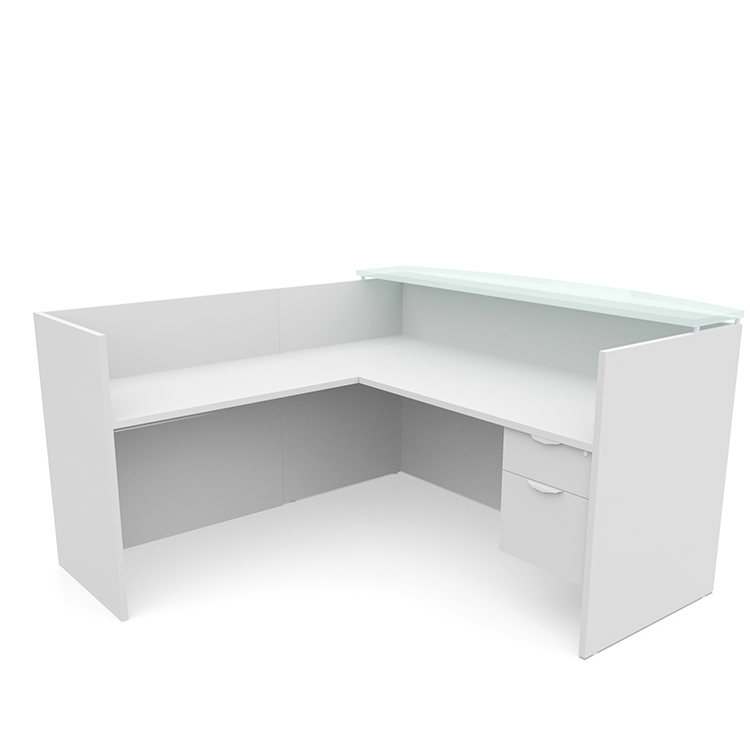 72in x 72in L-Shaped Reception Desk Single Hanging Pedestal with Glass Transaction Counter by PBD Furniture