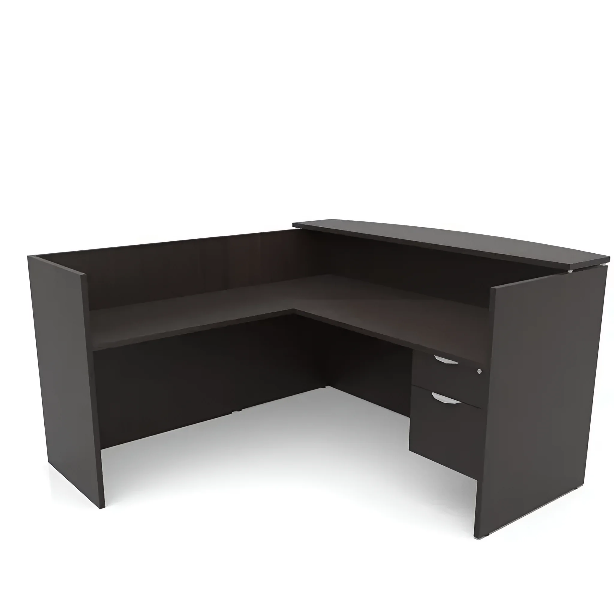 72in x 72in L-Shaped Reception Desk Single Hanging Pedestal with Laminate Transaction Counter by PBD Furniture in Espresso