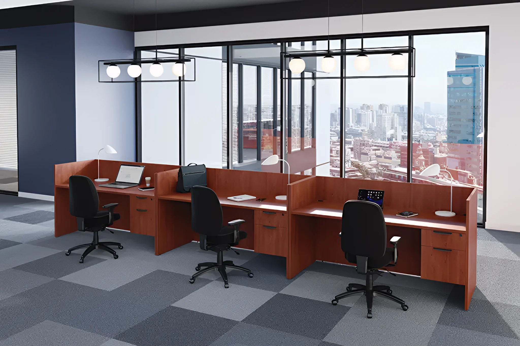 3 Single Hanging Pedestal Workstations by PBD Furniture in Cherry