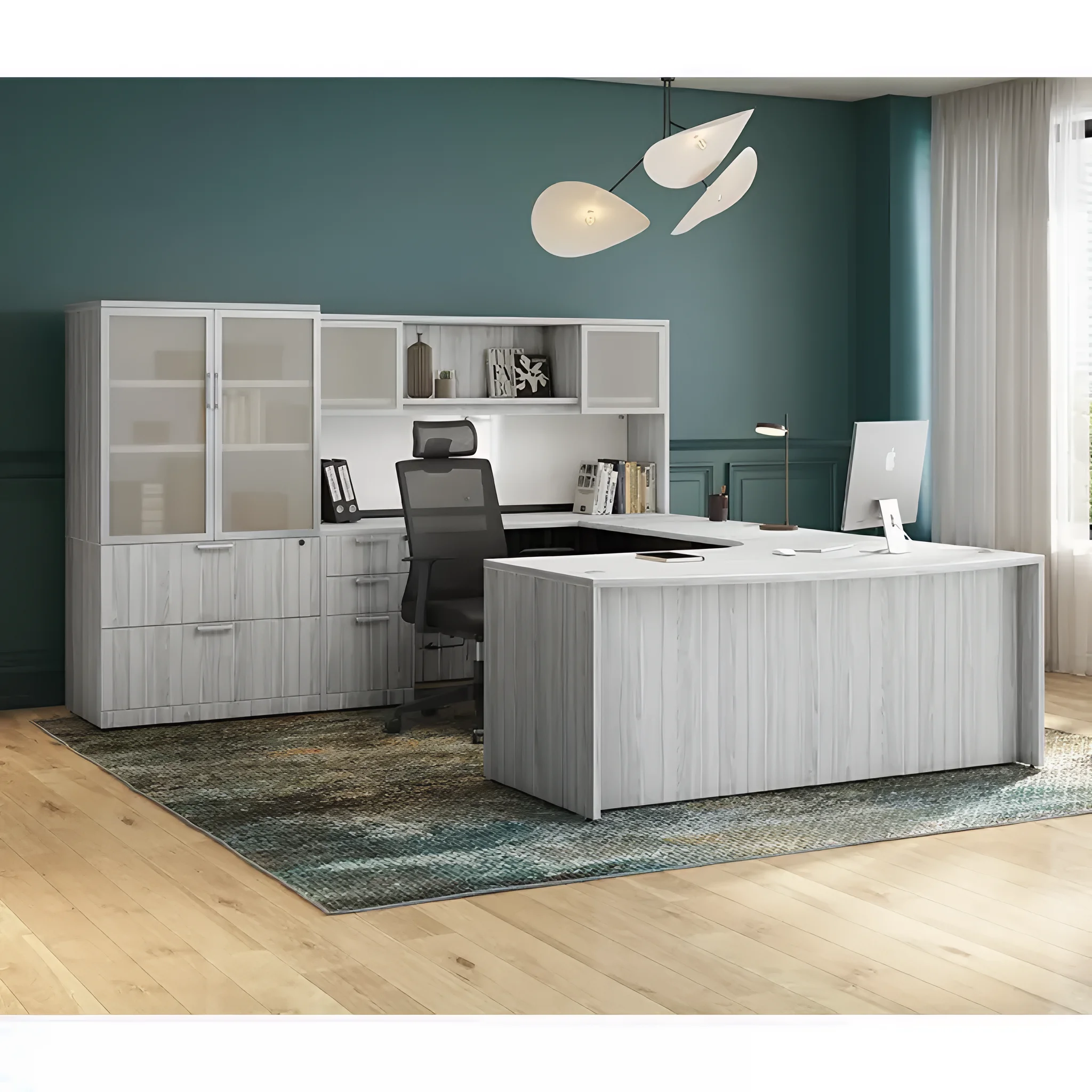 Extended Bow Front Double Pedestal U-Shaped Desk with Glass Hutch and Storage Lateral Combo by PBD Furniture in Silver Birch