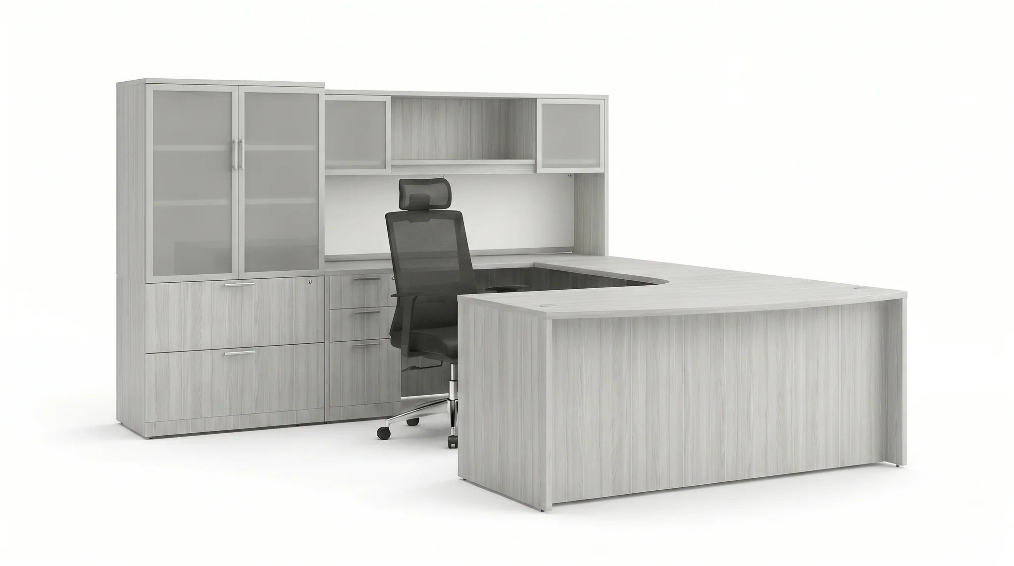 Bow-Front U-Desk 106in W x 107in D with Hutch and 2 and 3 Drawer Pedestals by PBD Furniture