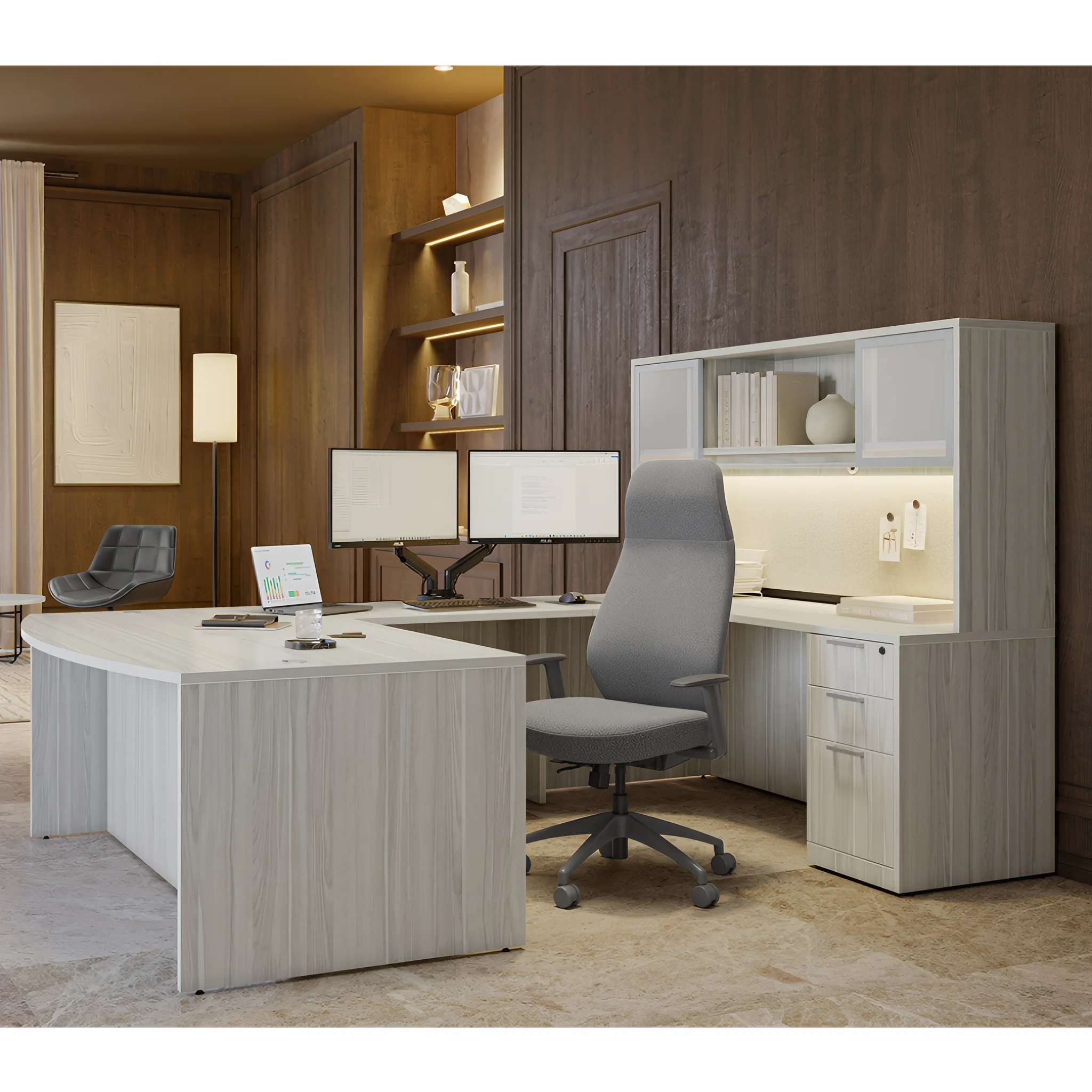 Bow-Front U-Desk 72in W x 112in D with 2 and 3 Drawer Pedestals and Hutch with 2 Glass Doors by PBD Furniture
