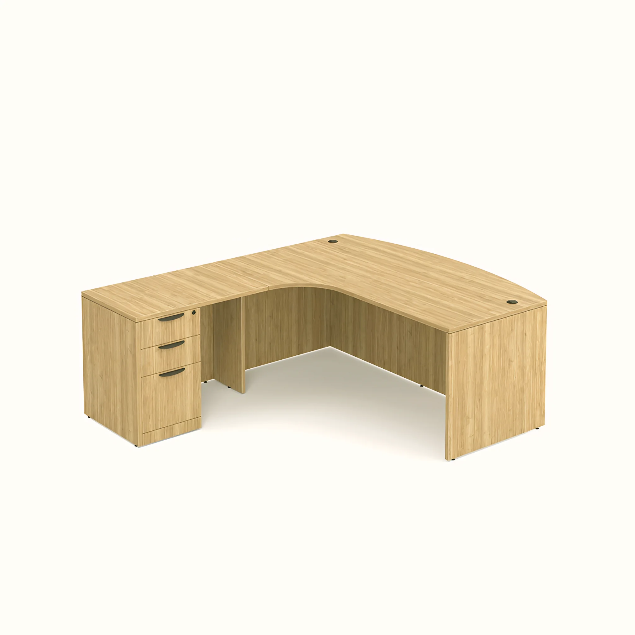 Bow-Front L-Desk 71in W x 96in D with Corner Extension and 3 Drawer Pedestal by PBD Furniture
