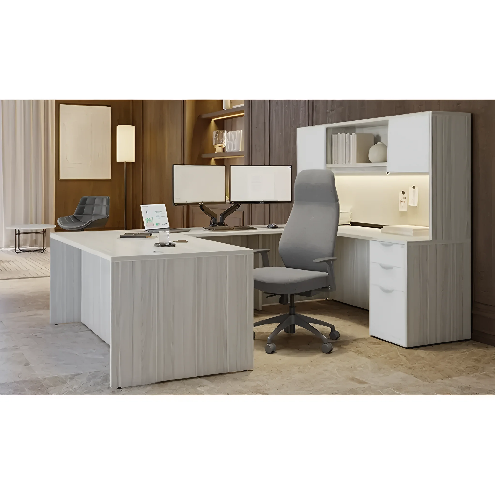 72in x 96in Two Tone Double Pedestal U-Desk with Door Hutch by PBD Furniture in Modern Walnut/White