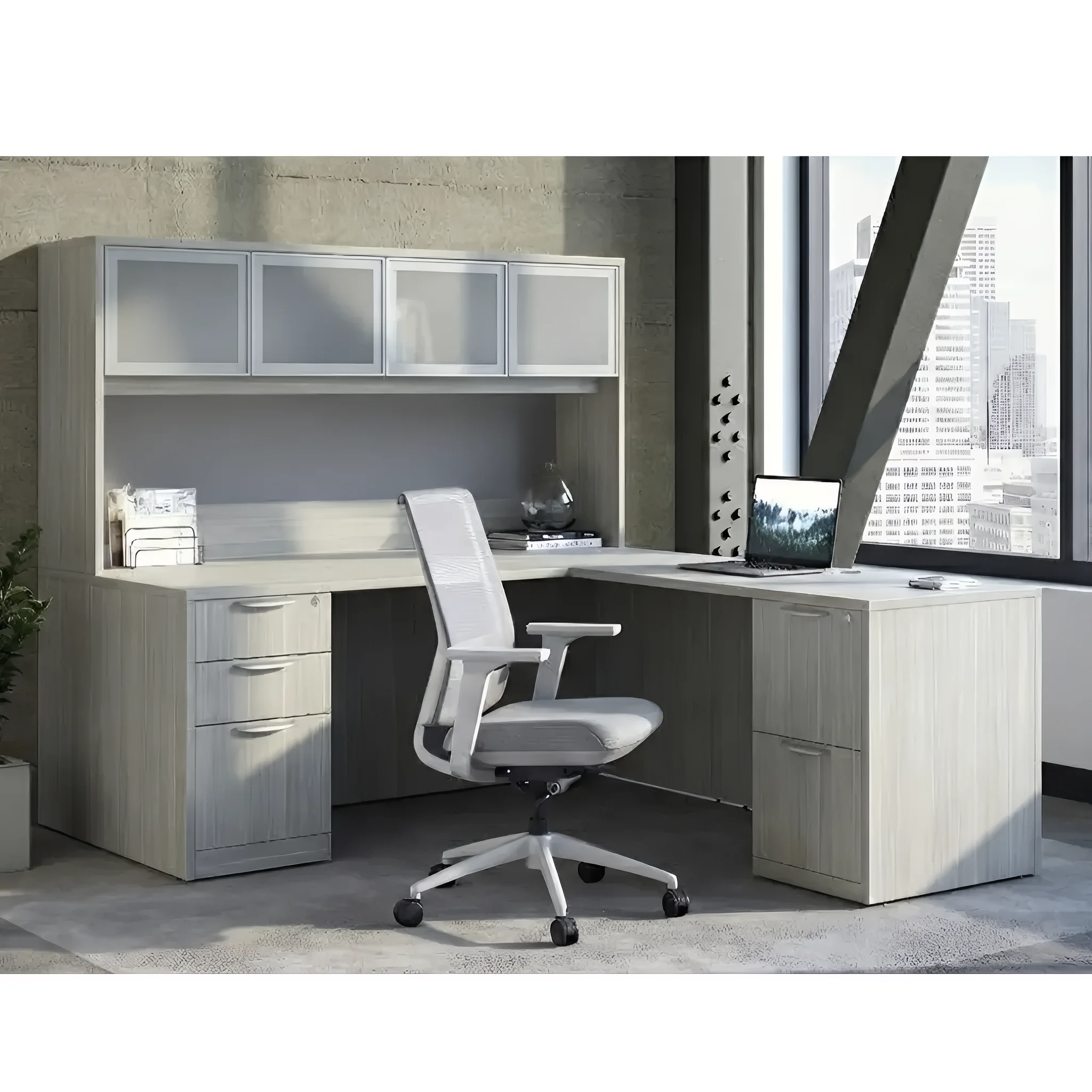 71in x 77in L-Shaped Double Pedestal Desk with Sliding Glass Door Hutch by PBD Furniture in Silver Birch