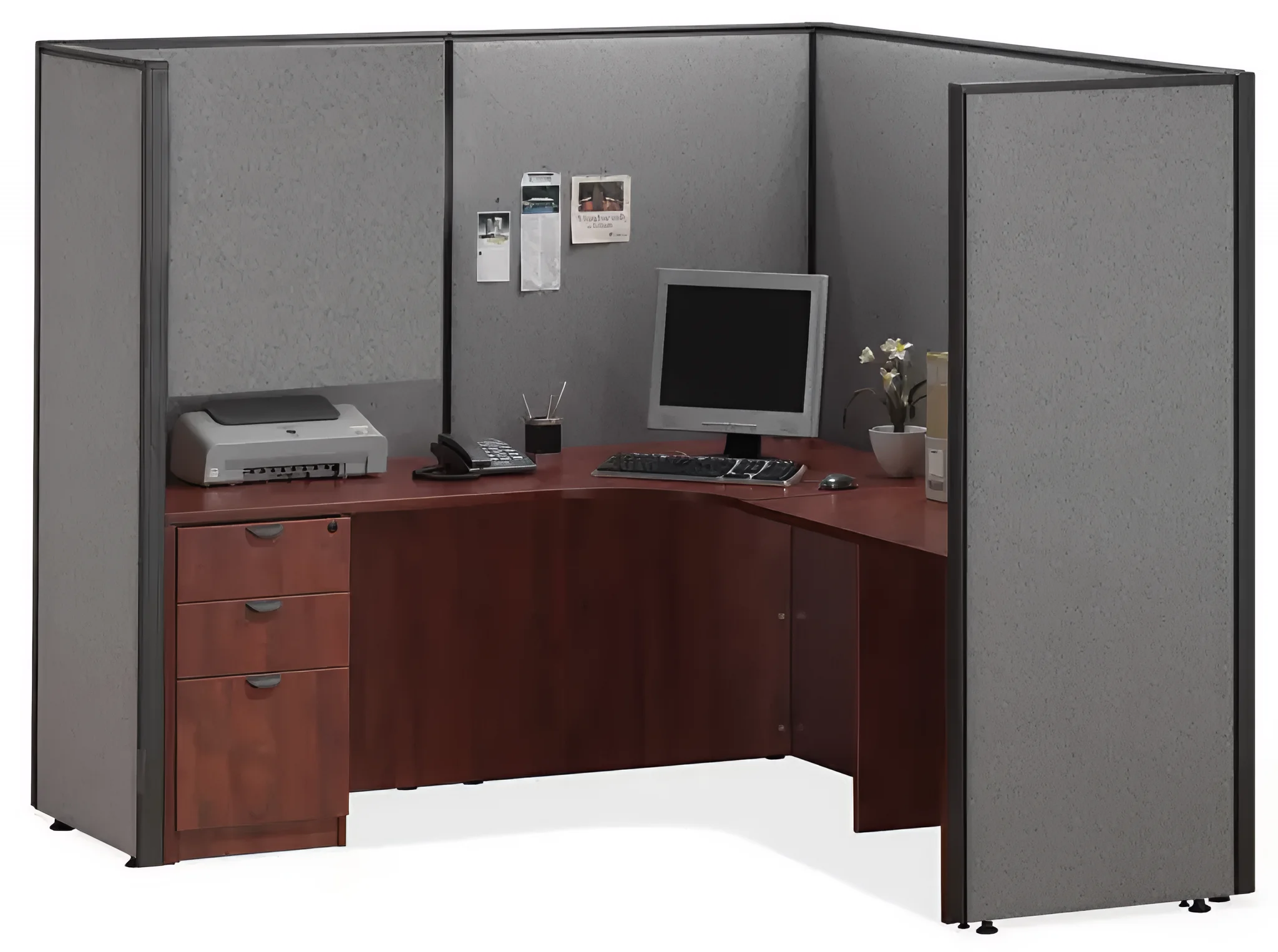 L-Shaped Cubicle 77in W x 77in D with 3 Drawer Pedestal and Privacy Panels by PBD Furniture