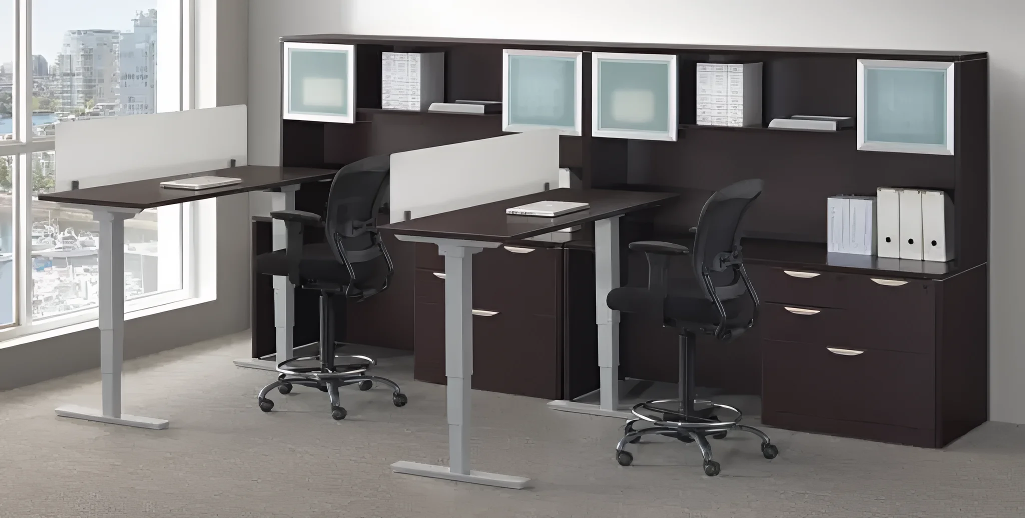 2 Person Workstation with Standing Desks by PBD Furniture in Espresso/Silver