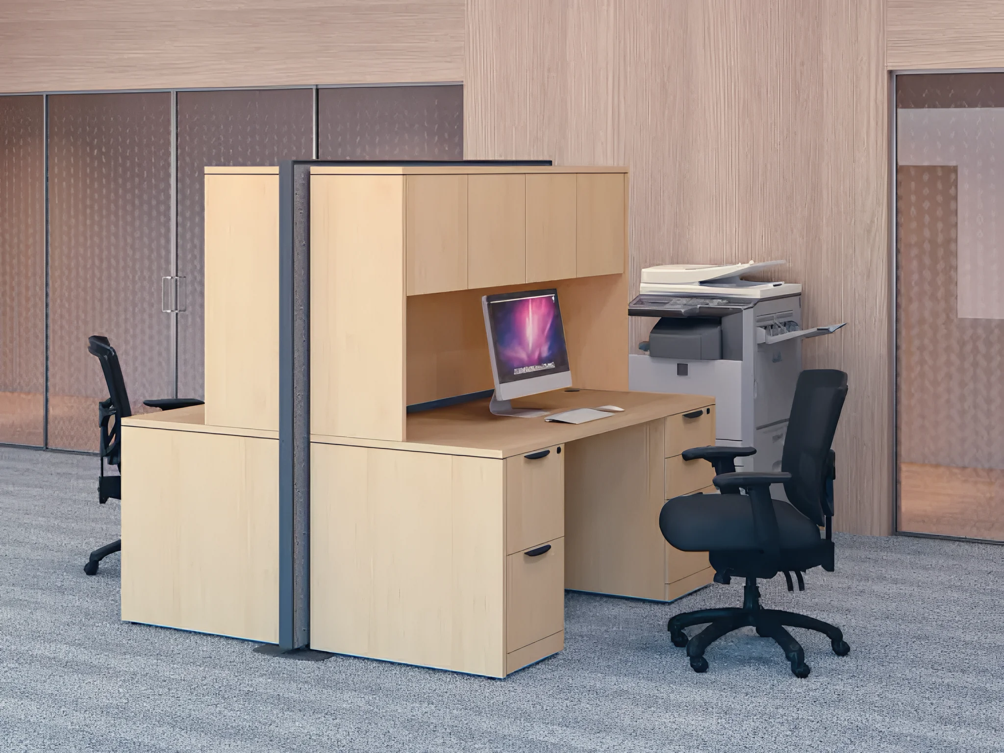 Workstation 66in W x 62in D with 4 Pedestals and 2 Open Hutches Upholstered Panel by PBD Furniture
